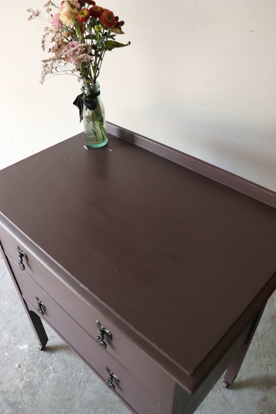 photo for sale Vintage Painted Two Drawer Washstand Or Chest Of Drawers On Castors In Deep Mulberry