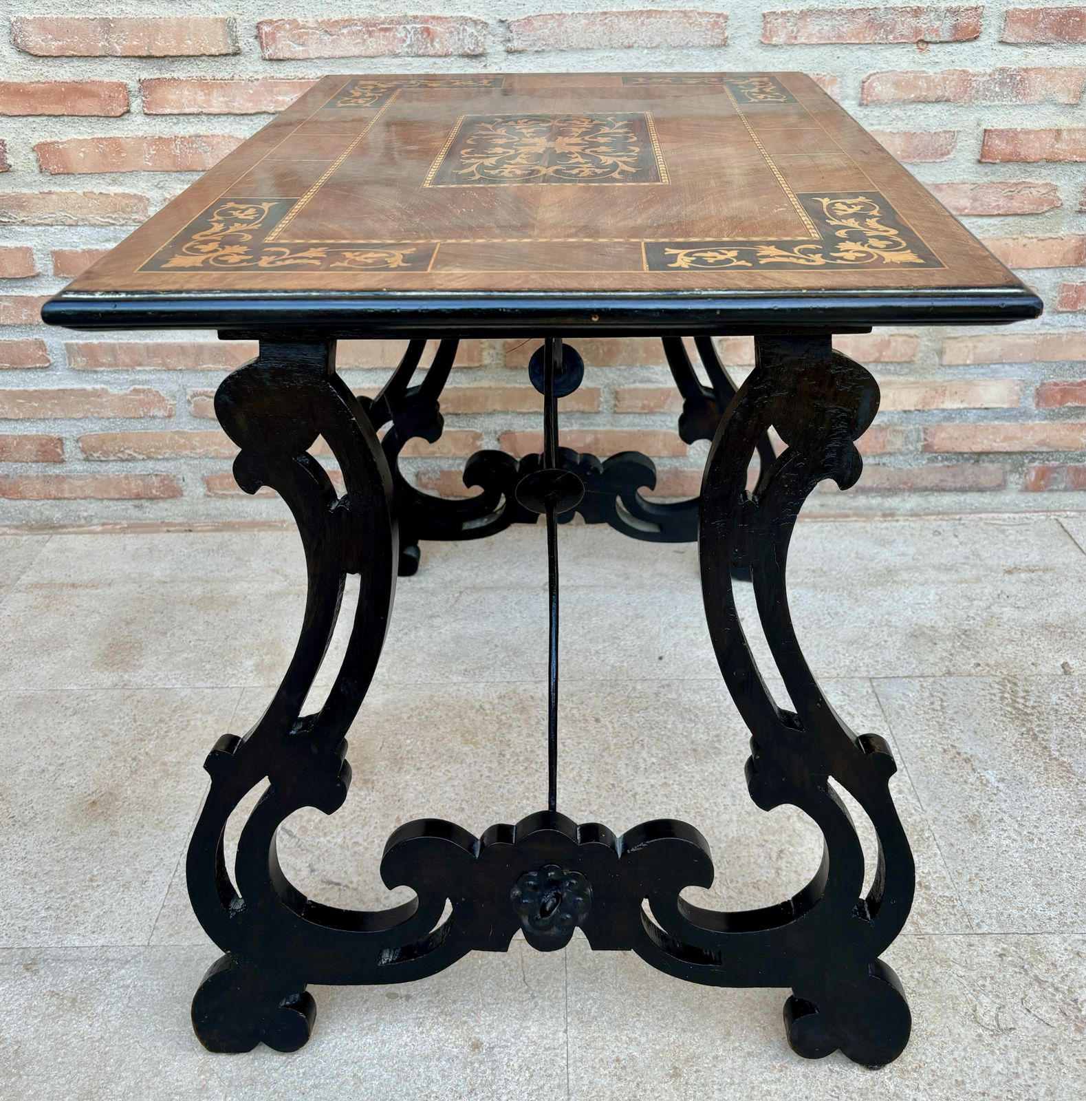 Spanish Early 19th Century Baroque Side Table With Lyre Legs And Marquetry Top photo vintage