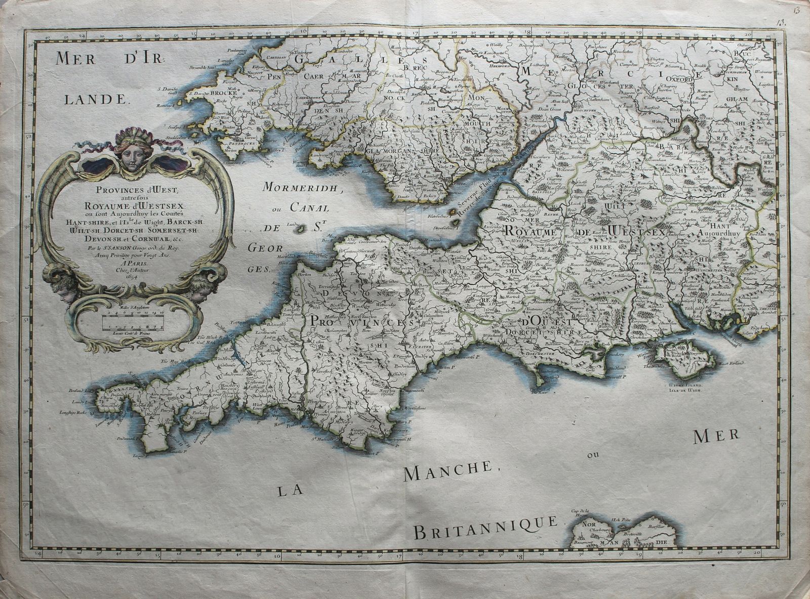 Nicolas Sanson's 1654 Map Of South West England Known As The Kingdom Of Wessex