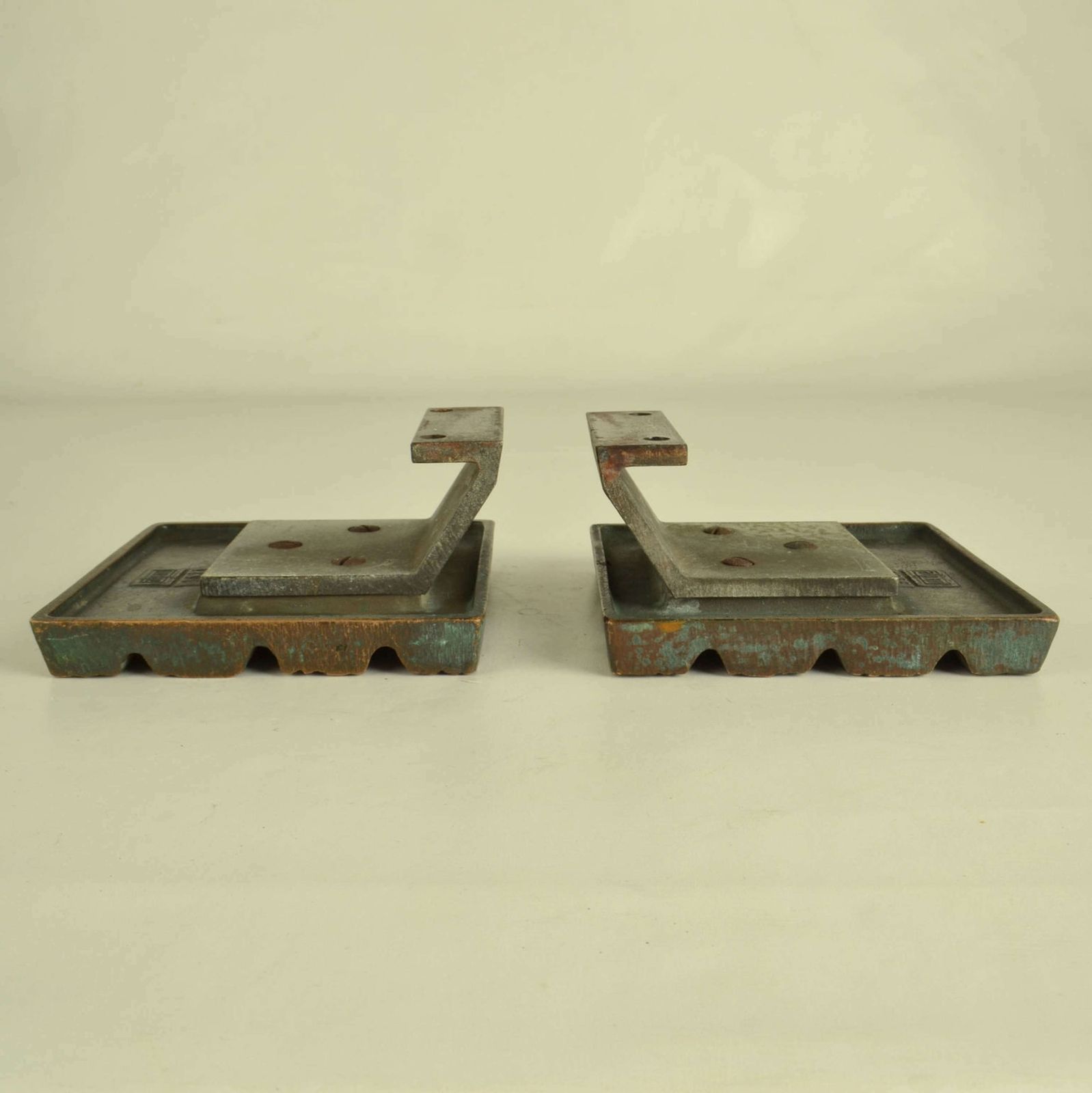 Brutalist Pair Of Bronze Square Push Pull Door Handles With Geometric photo 1850.0