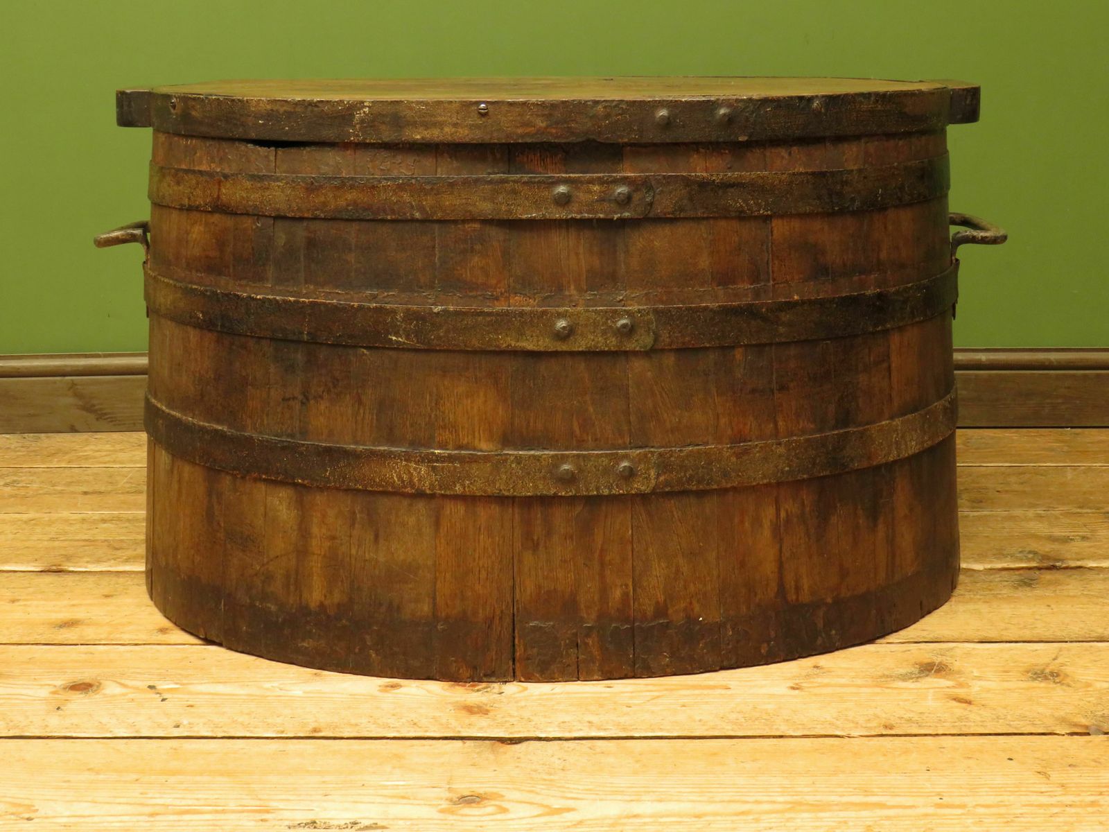 photo for sale Large Antique Coopered Pig Salting Barrel With Lid, Coffee Or Bar Table