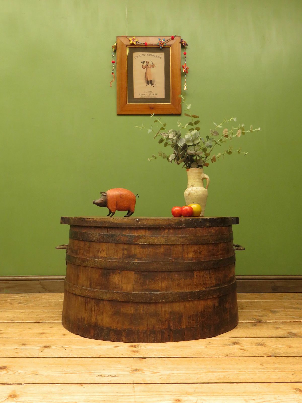 Large Antique Coopered Pig Salting Barrel With Lid, Coffee Or Bar Table