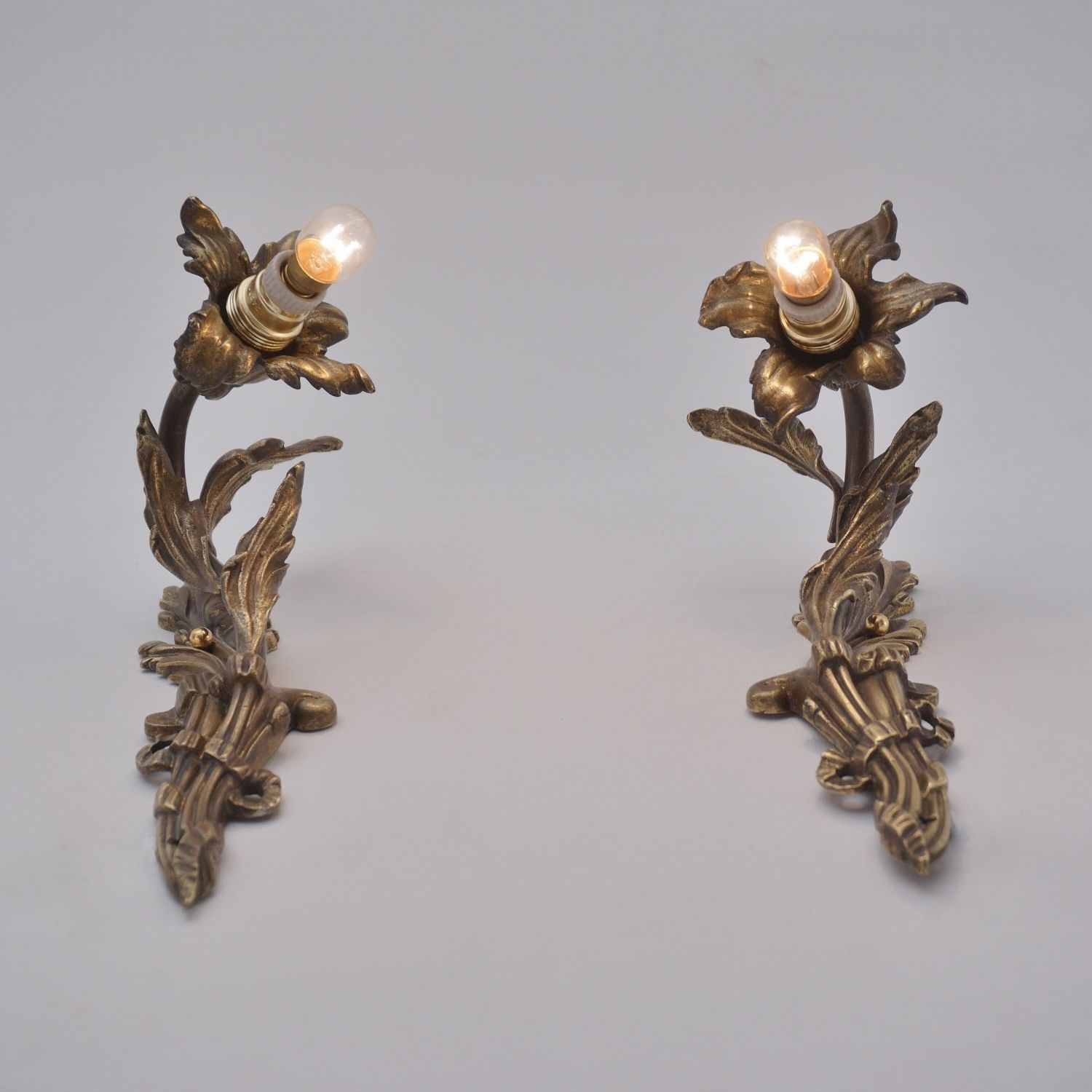 Pair Art Nouveau Wall Lights Sconces, Lily Flower Foliate Decoration In Gilt Bronze, 1890`s Ca, French, Rewired photo vinterior