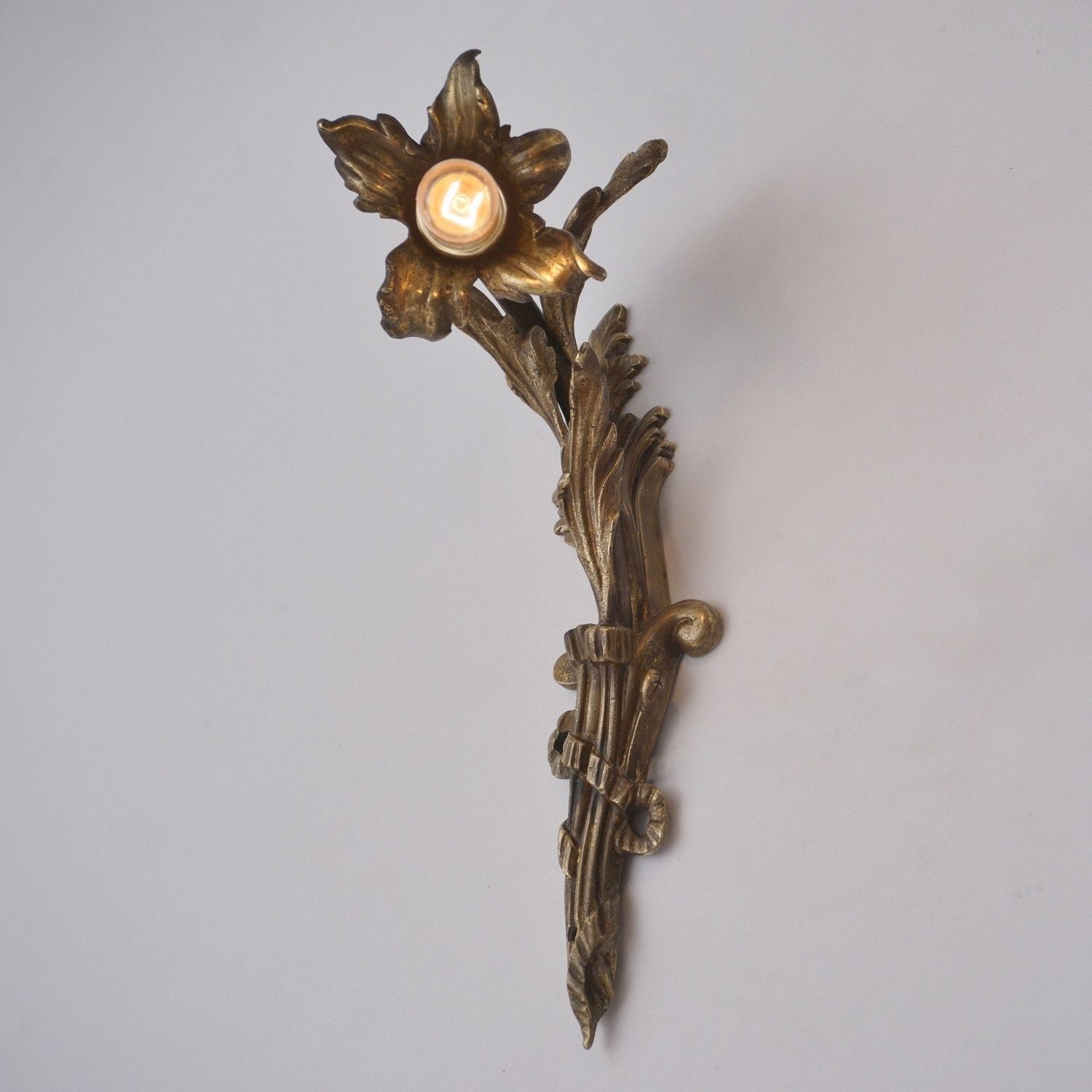 Lighting Pair Art Nouveau Wall Lights Sconces, Lily Flower Foliate Decoration In Gilt Bronze, 1890`s Ca, French, Rewired photo