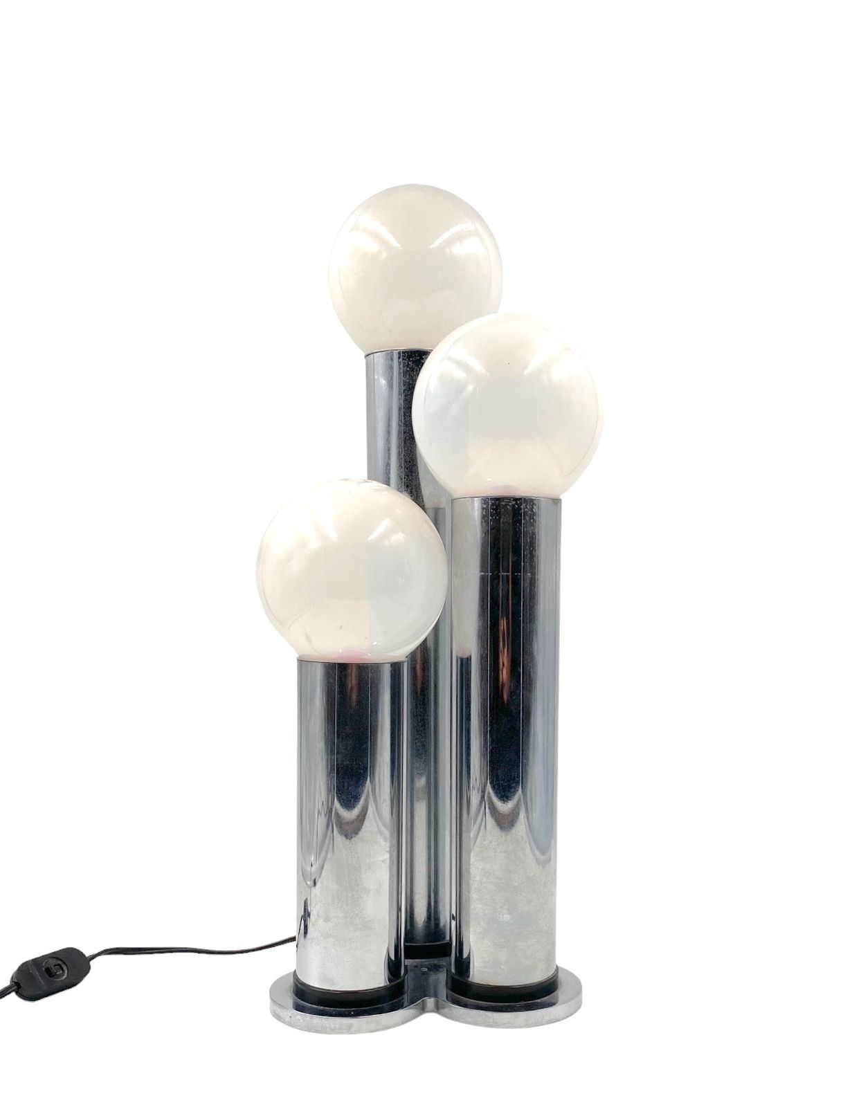 photo for sale Hollywood Regency 3 Lights Metal And Opaline Glass Table Lamp, Lama, Italy 1970s