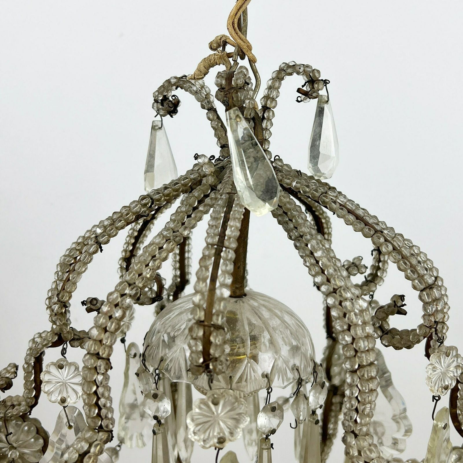 Antique Macaroni Chandelier, Beaded Italian Crystal Chandelier, Antique Lighting, Vintage Light Fixture photo Lighting