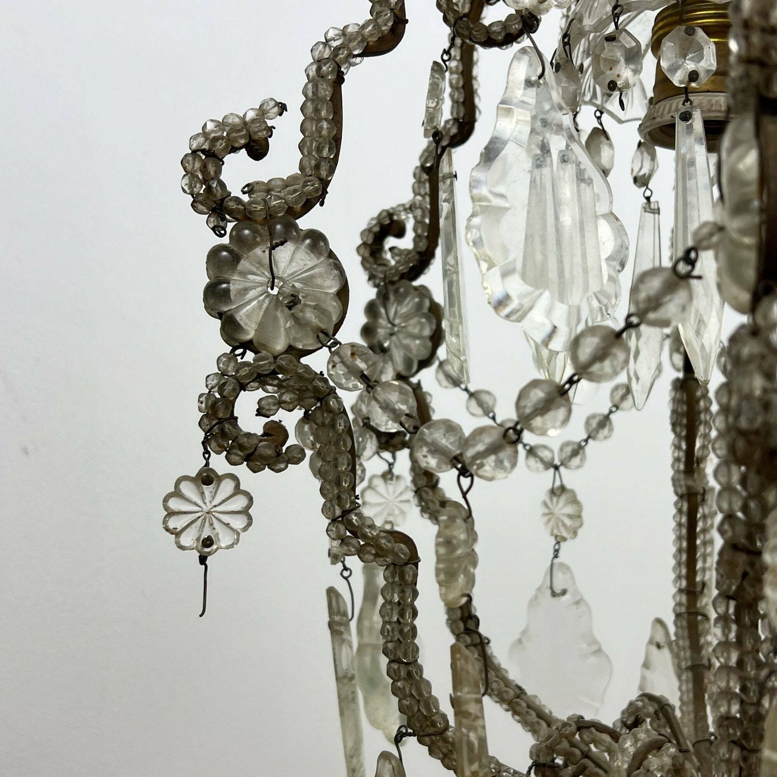 Antique Macaroni Chandelier, Beaded Italian Crystal Chandelier, Antique Lighting, Vintage Light Fixture photo buy