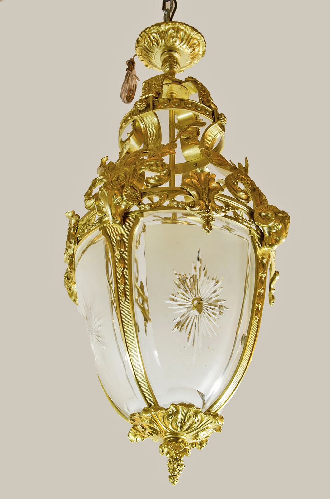 Pair Of Early 20th Century French Cast Bronze And Glass Farole Like Ceiling Lamps photo for sale