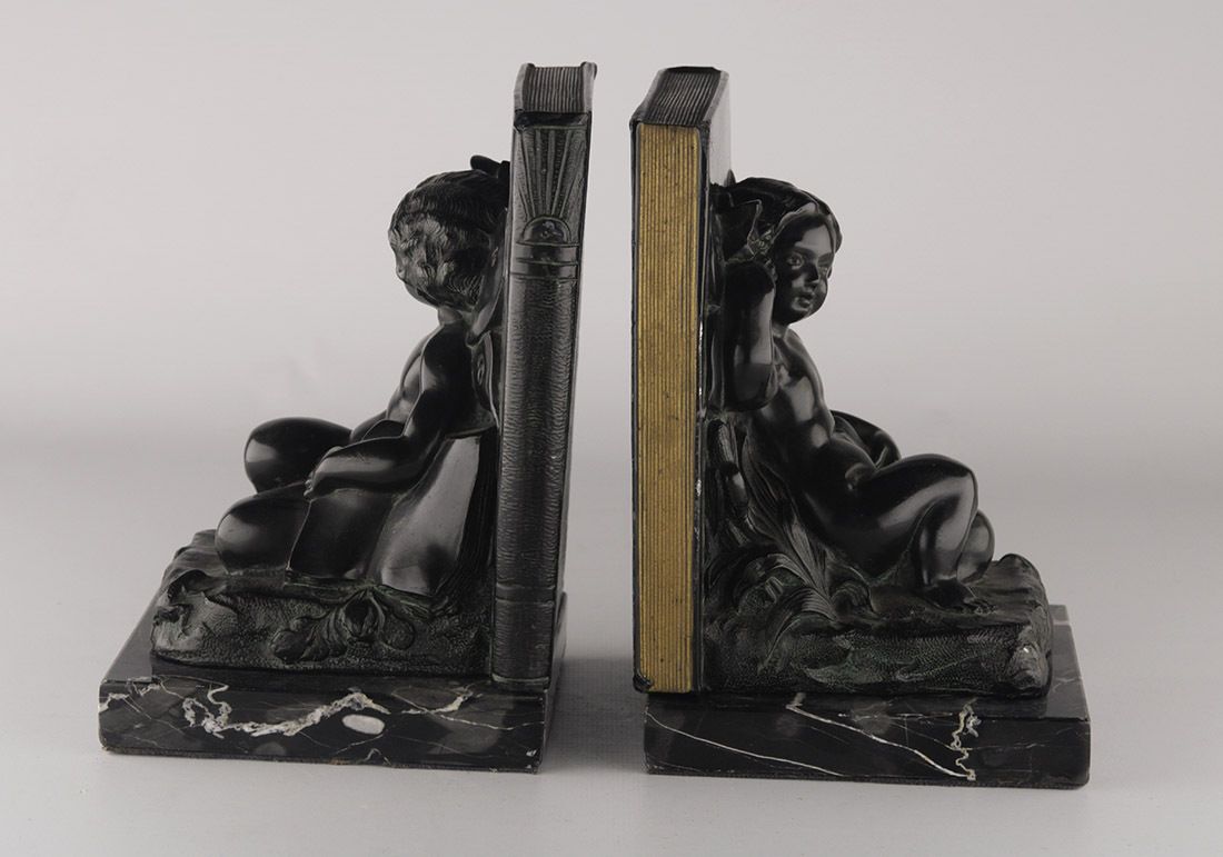 Set Of Early 20th Century French Art Déco Zamac Winged Cherub/Fairy Child Bookends With Marble Base photo 625.0