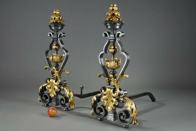 Very Large Pair Of Wrought Iron Mantelpieces With Foliage, Mask And Scroll Motifs photo Home Fixtures