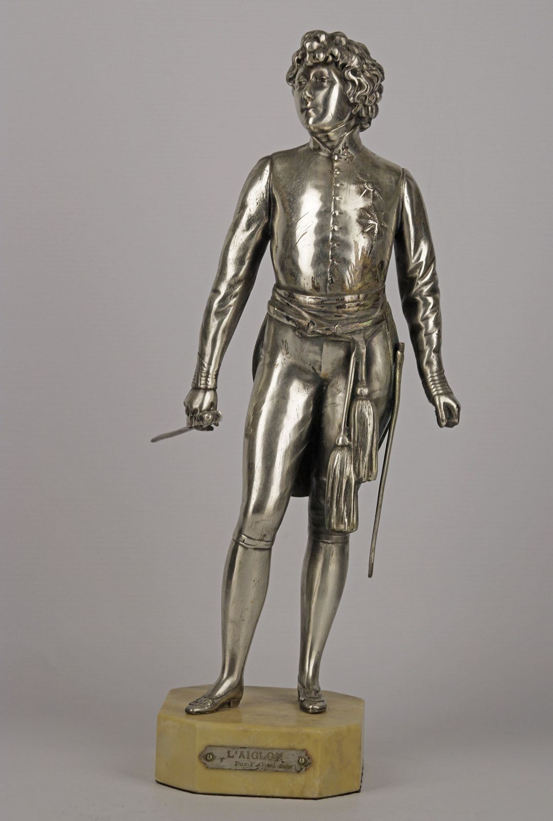 20th Century Silvered Spelter/Zamac Statue Of Sarah Bernhardt As Napoleon II In L' Aiglon With Marble Base photo Art