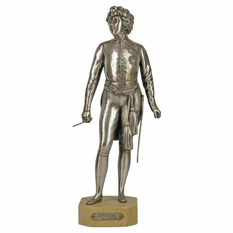 20th Century Silvered Spelter/Zamac Statue Of Sarah Bernhardt As Napoleon II In L' Aiglon With Marble Base