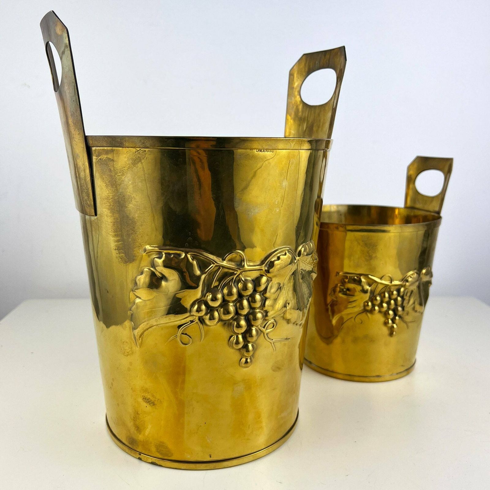 Set Of 2 Vintage Brass Buckets Or Planters, Embossed Gold Champagne Bucket, Flower Pot photo Home Decor