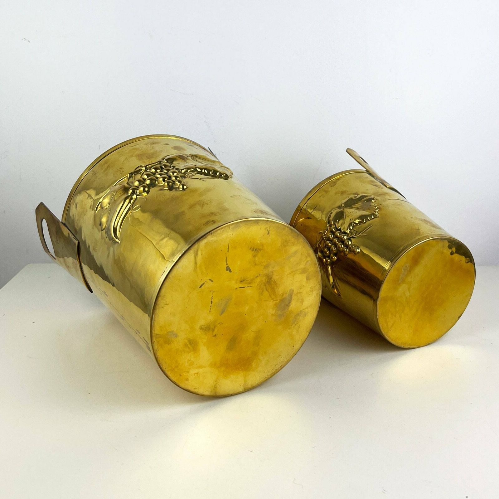 Set Of 2 Vintage Brass Buckets Or Planters, Embossed Gold Champagne Bucket, Flower Pot photo buy