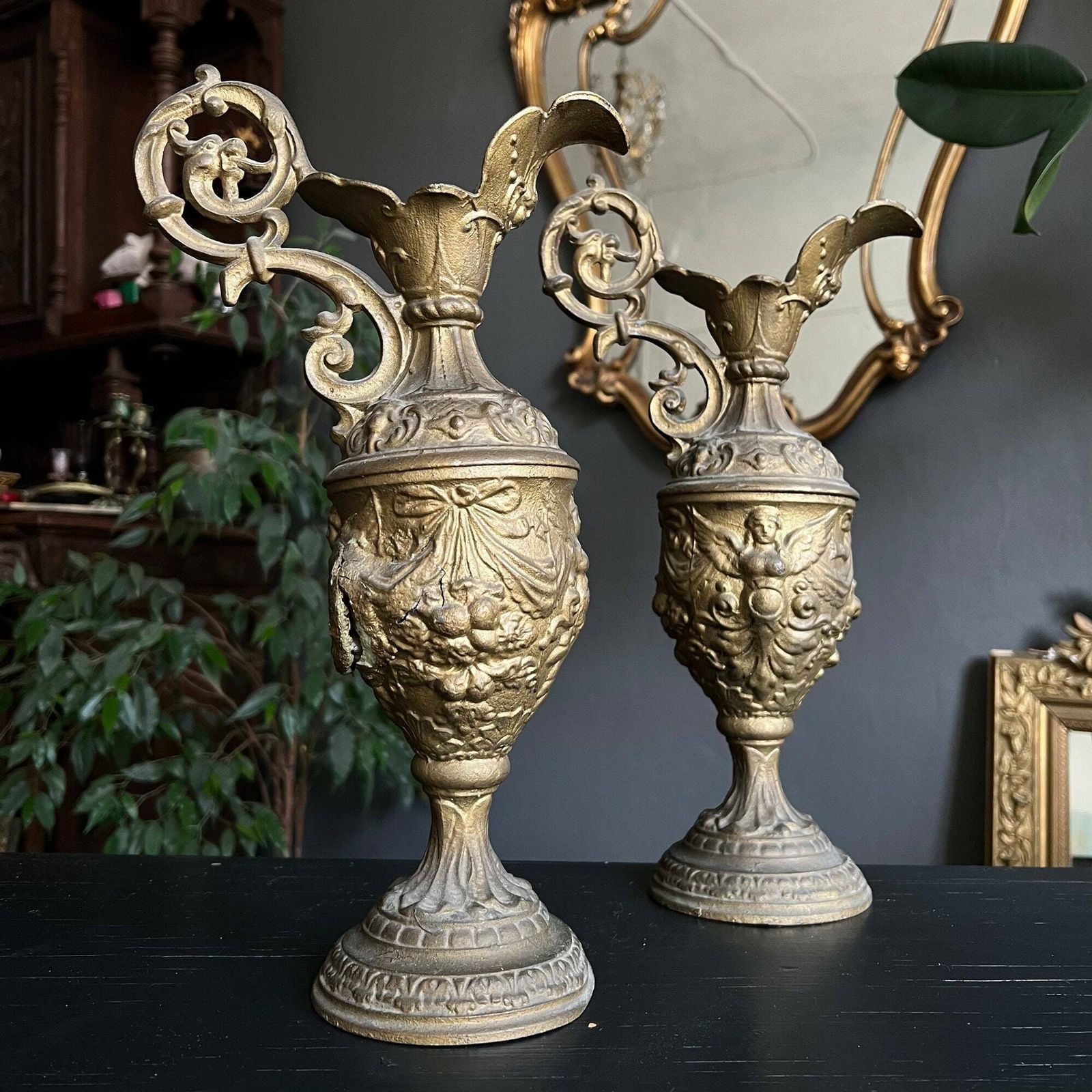 A Pair Of Antique Decorative Ewers, Bronze Painted Antique Pitchers, Lamp Base, Antique Decor photo furniture