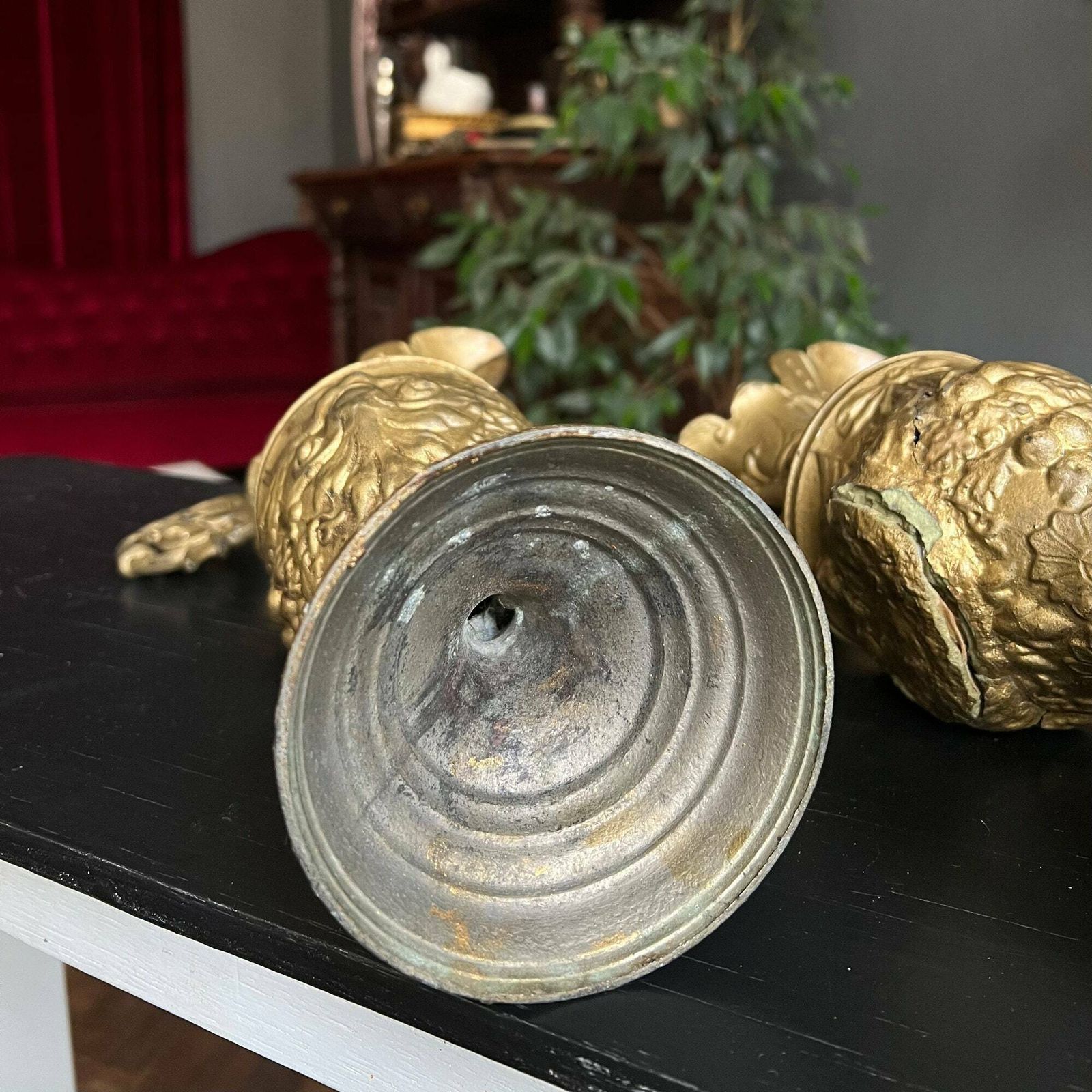 photo furniture A Pair Of Antique Decorative Ewers, Bronze Painted Antique Pitchers, Lamp Base, Antique Decor