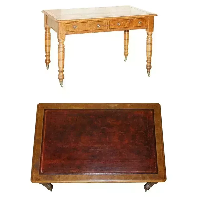 Antique Circa 1840 Pollard Oak Brown Leather Top Writing Library Table Desk