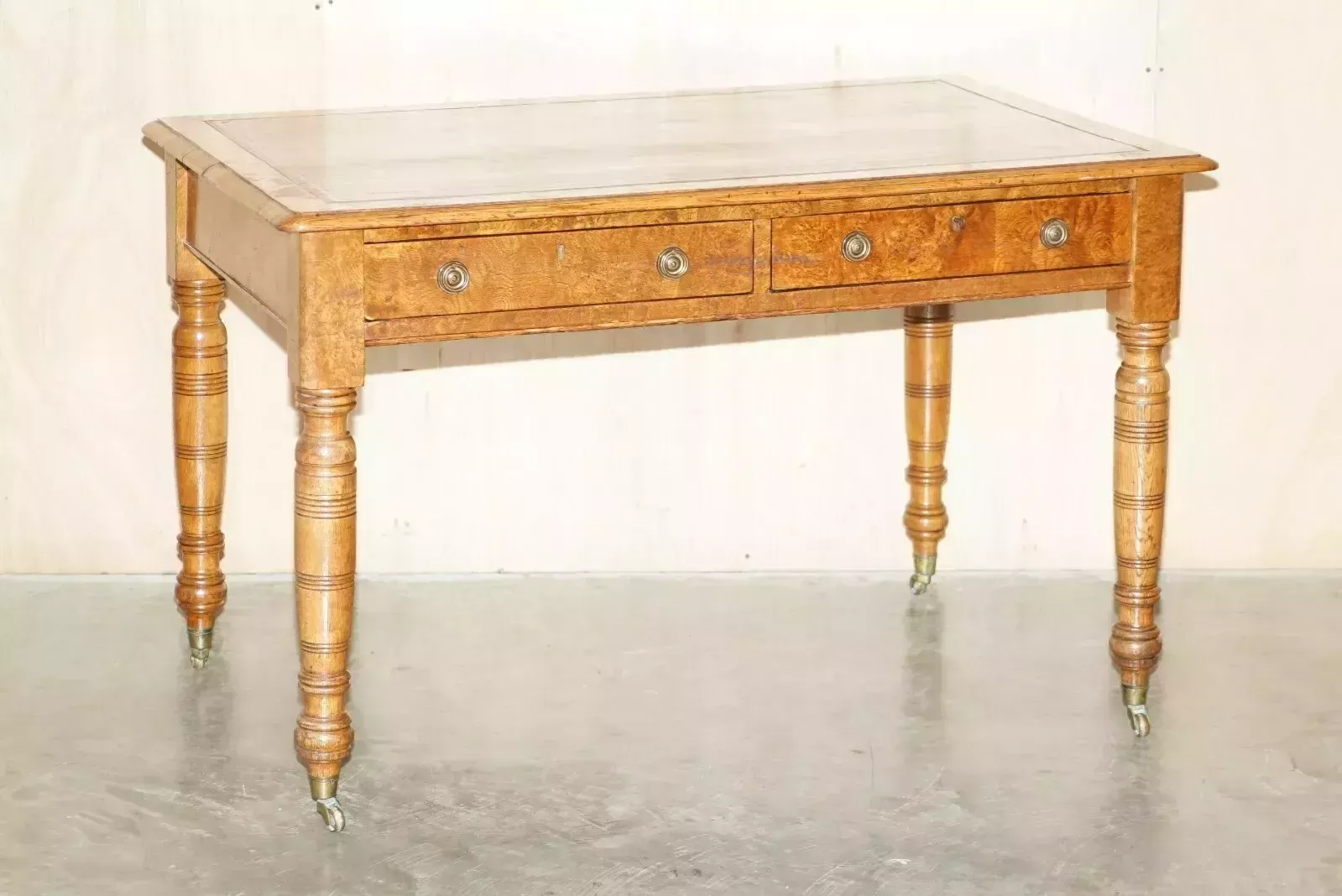 Antique Circa 1840 Pollard Oak Brown Leather Top Writing Library Table Desk photo furniture