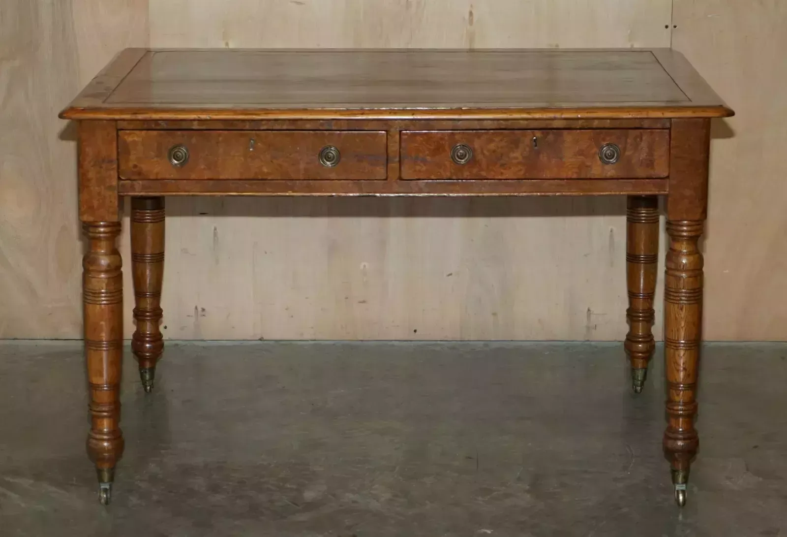 Antique Circa 1840 Pollard Oak Brown Leather Top Writing Library Table Desk photo for sale