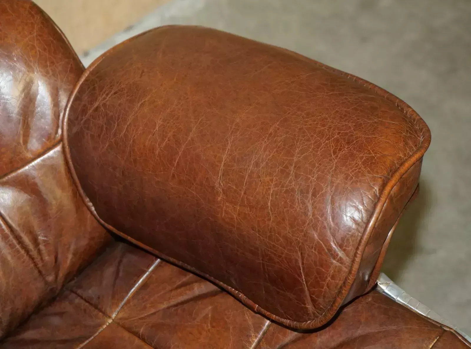 Stunning Heritage Brown Leather Hand Hammered Aviator Lounger Armchair & Ottoman photo vintage