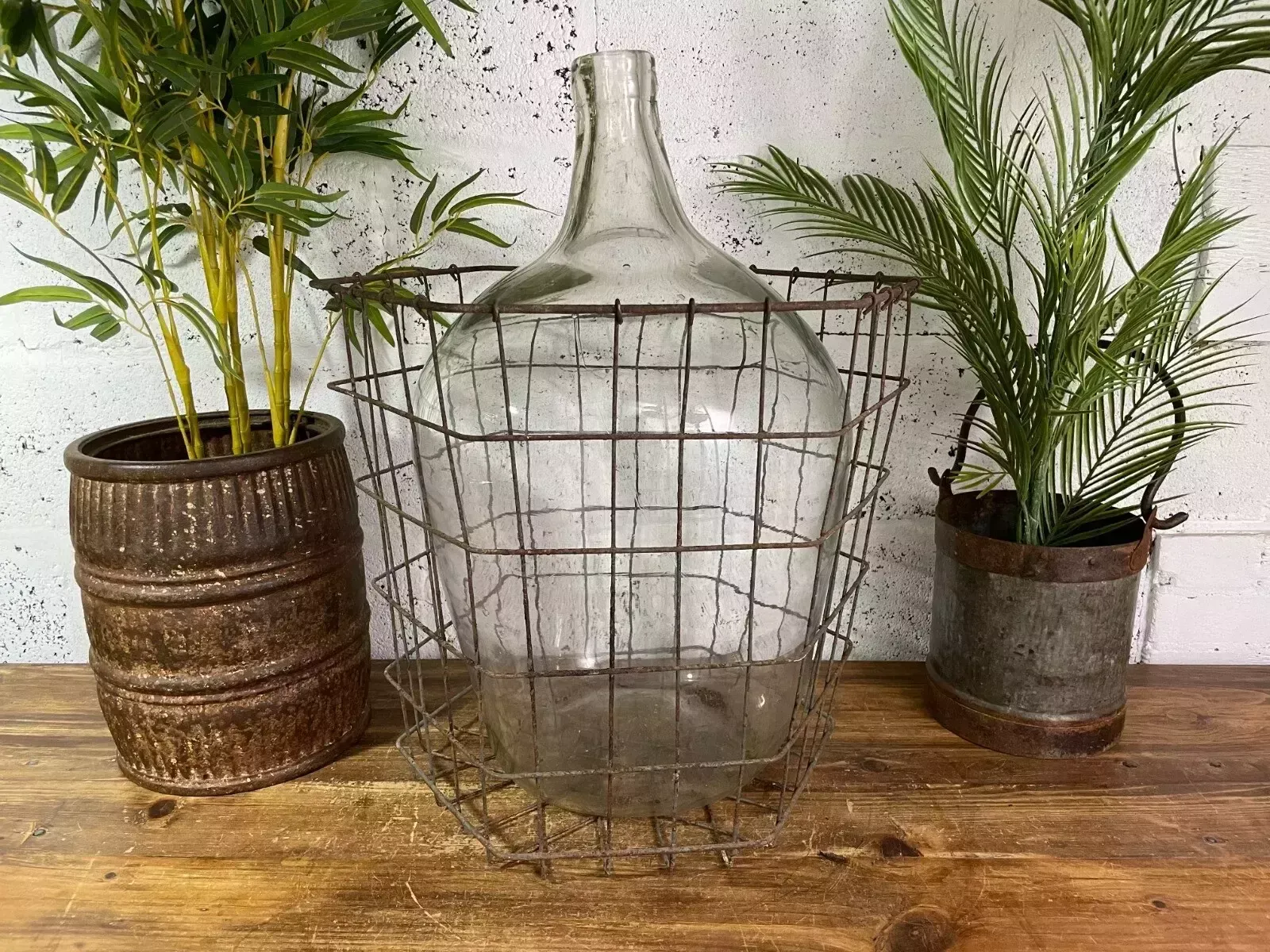 Antique Vintage Large French Hand Blown Glass Demijohn Carboy Cage Wedding Prop