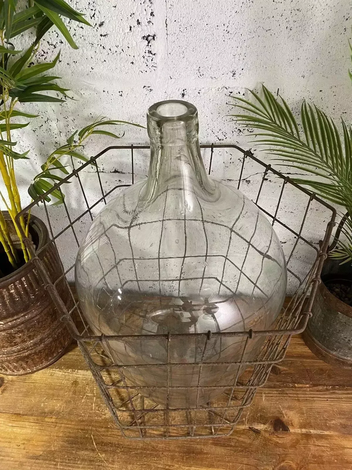 Antique Vintage Large French Hand Blown Glass Demijohn Carboy Cage Wedding Prop photo 165.0