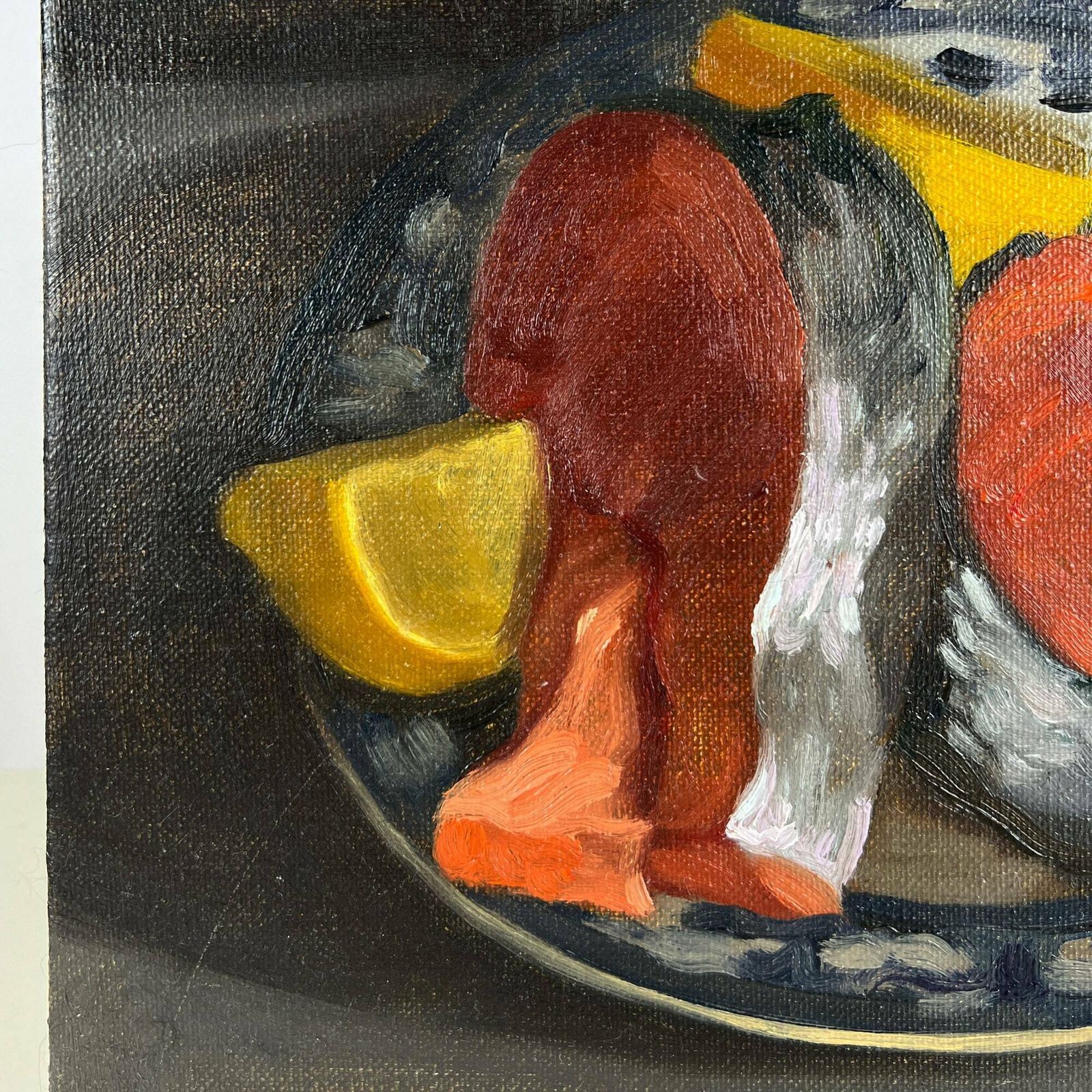 Original Oil Painting, Still Life With Salmon Steaks On A Plate, Oil On Canvas Small Painting photo furniture