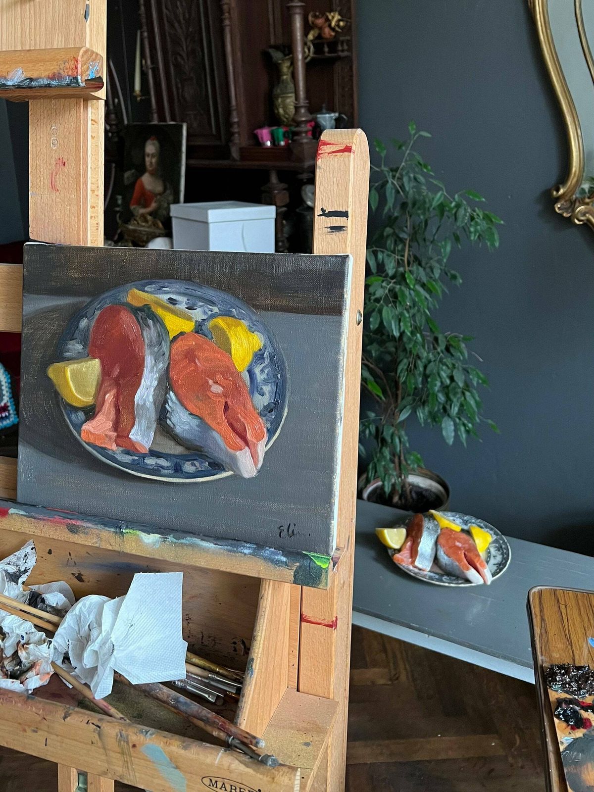 Original Oil Painting, Still Life With Salmon Steaks On A Plate, Oil On Canvas Small Painting photo 145.0