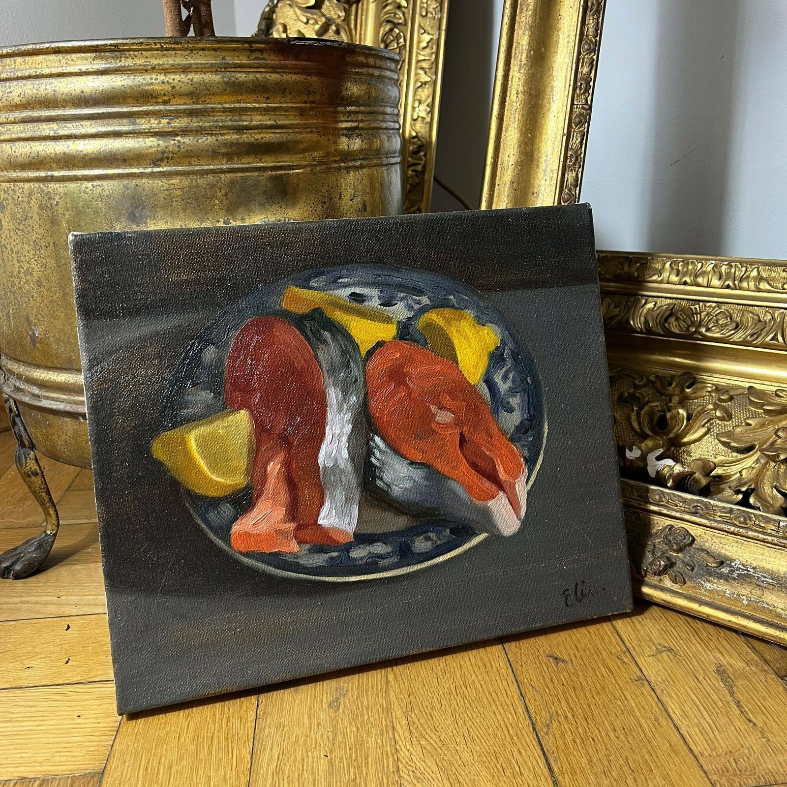 Original Oil Painting, Still Life With Salmon Steaks On A Plate, Oil On Canvas Small Painting photo vinterior