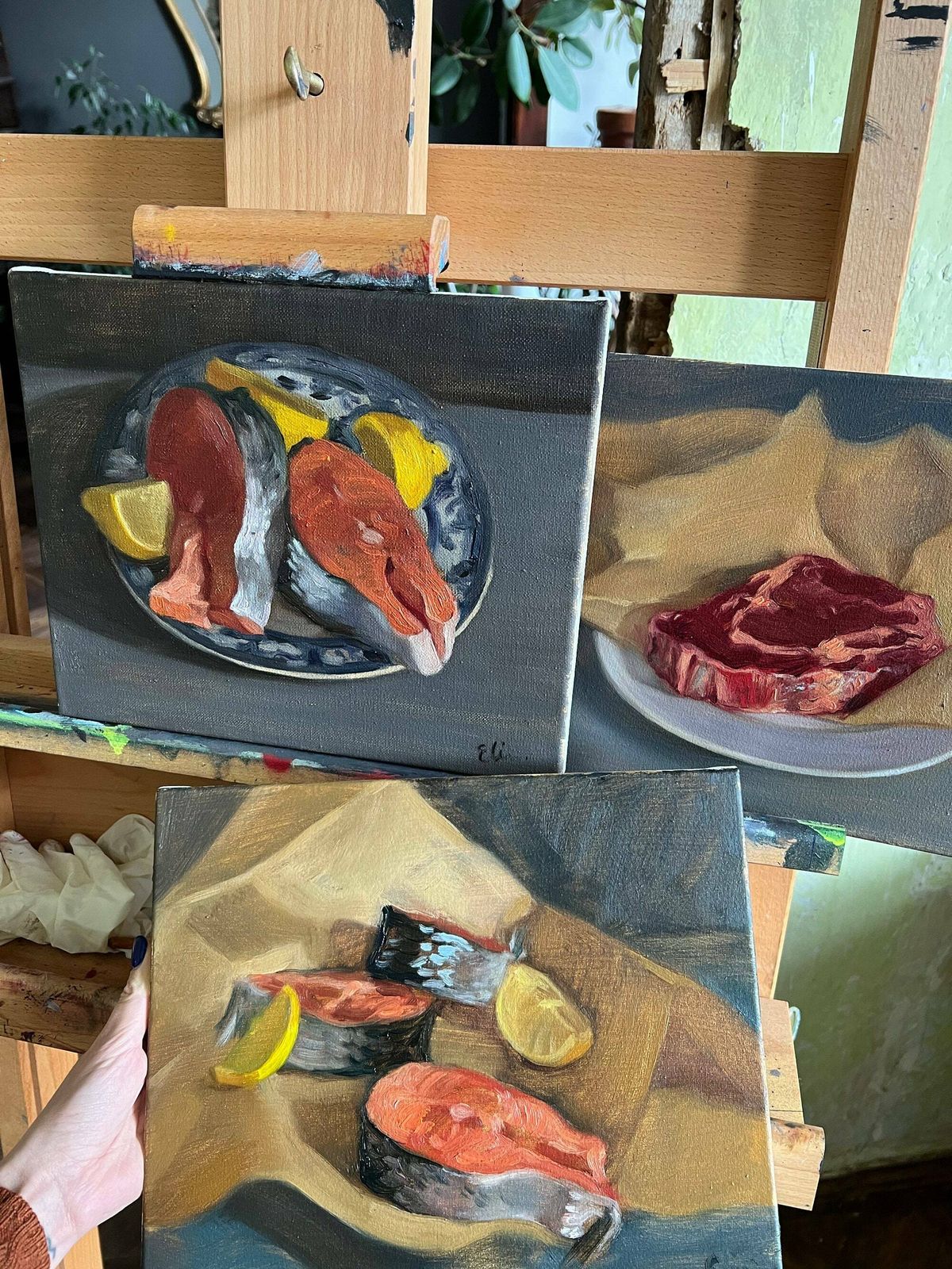 Original Oil Painting, Still Life With Salmon Steaks On A Plate, Oil On Canvas Small Painting photo buy