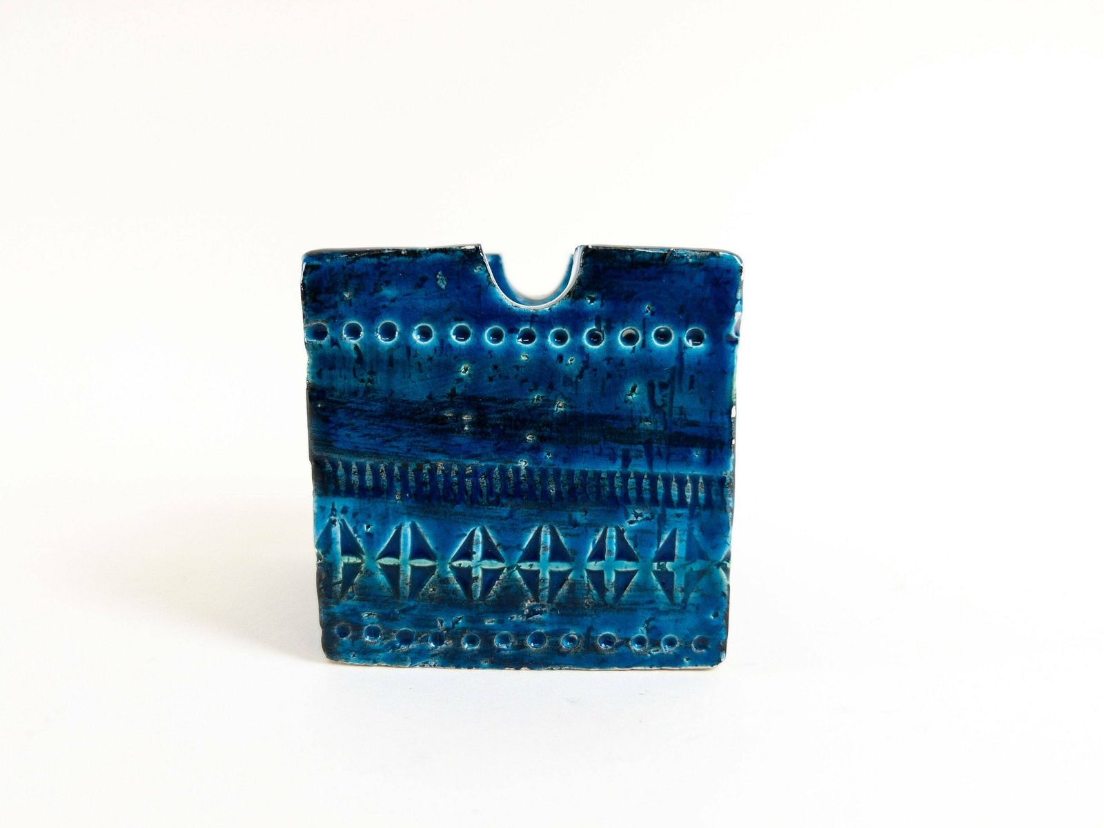 Bitossi Rimini Blu Ashtray By Aldo Londi   Blue Italian Mid Century Ceramic Square Block Ashtray photo vinterior