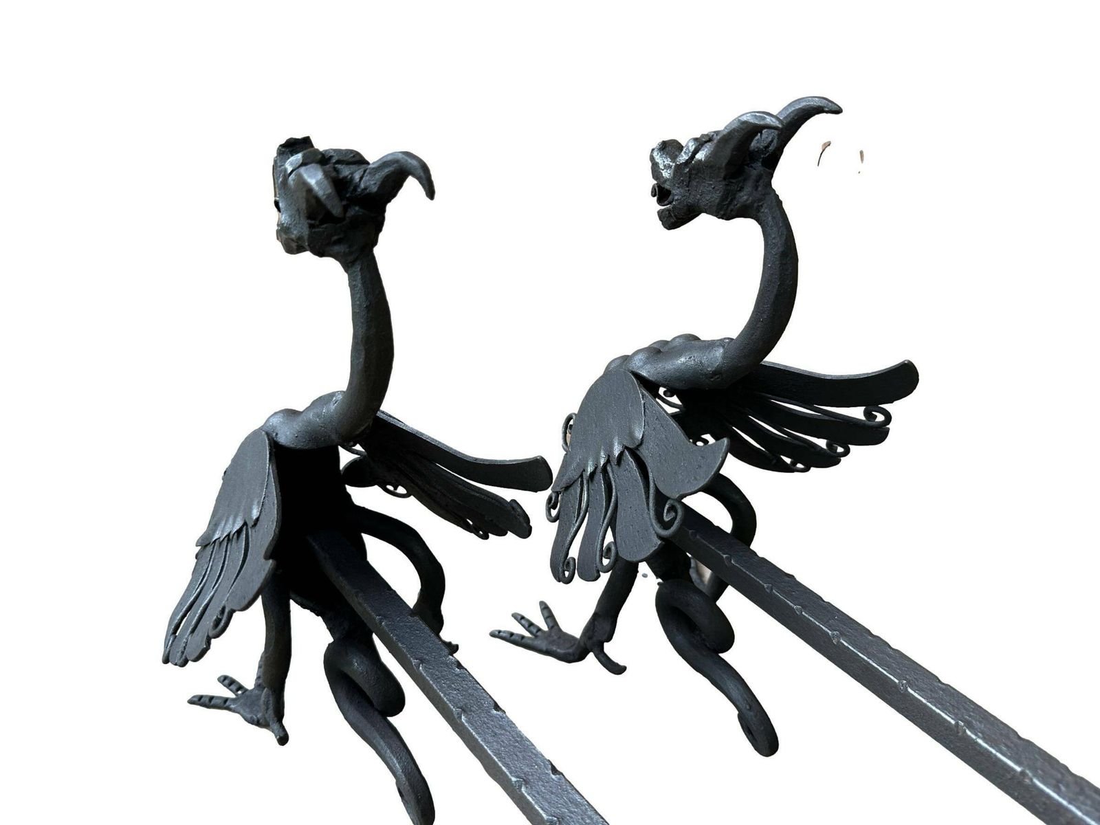photo furniture Antique Pair Of Wrought Iron Andirons Dragon Chimera