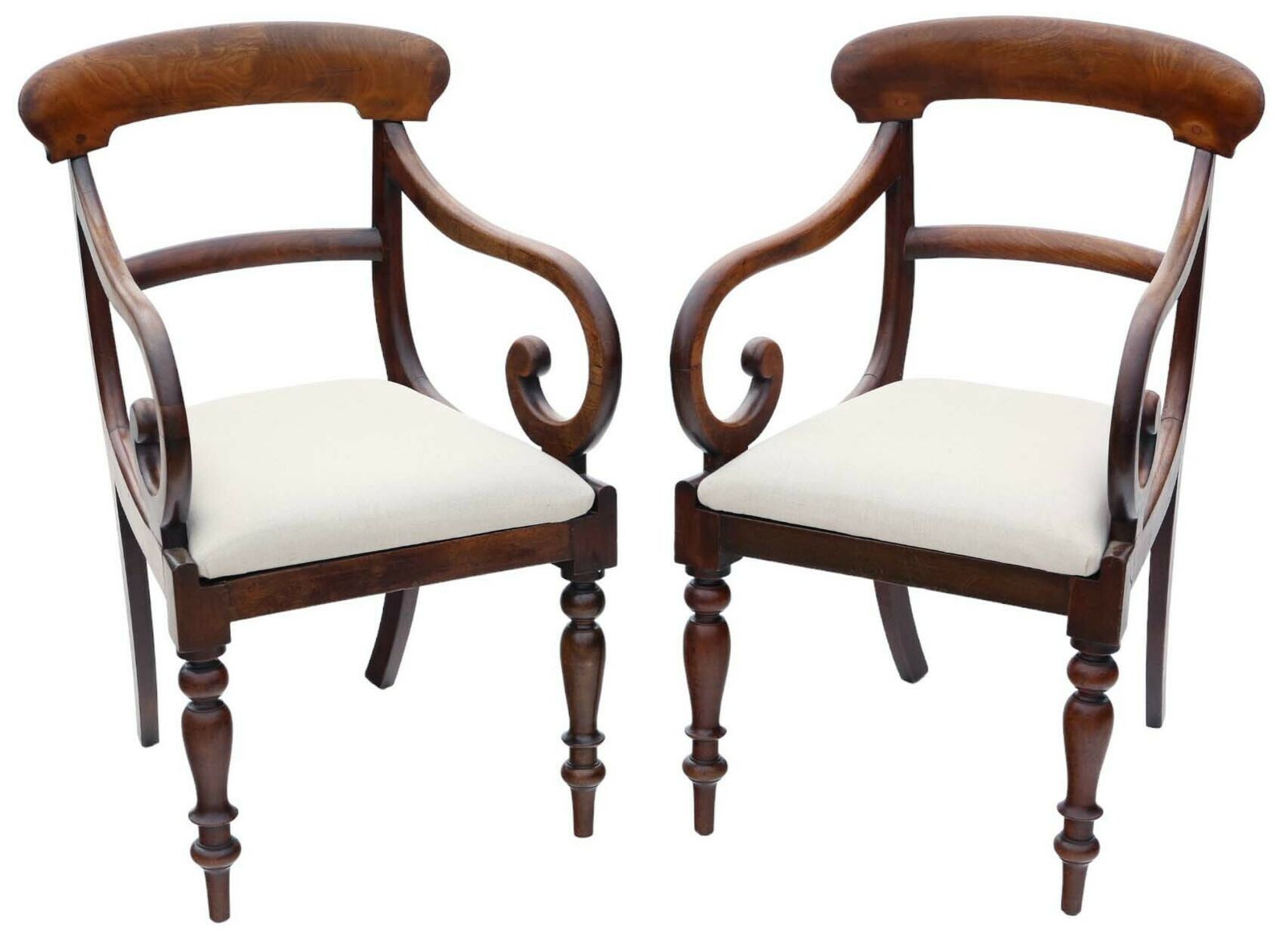 Fine Quality Antique Pair Of 19th Century Mahogany Scroll Arm Elbow Chairs   Carver Dining Desk Hall