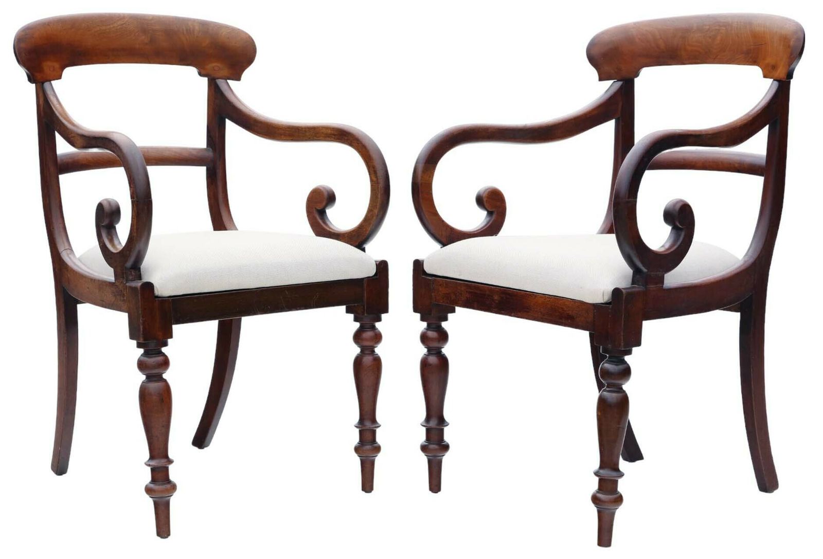 Fine Quality Antique Pair Of 19th Century Mahogany Scroll Arm Elbow Chairs   Carver Dining Desk Hall photo furniture