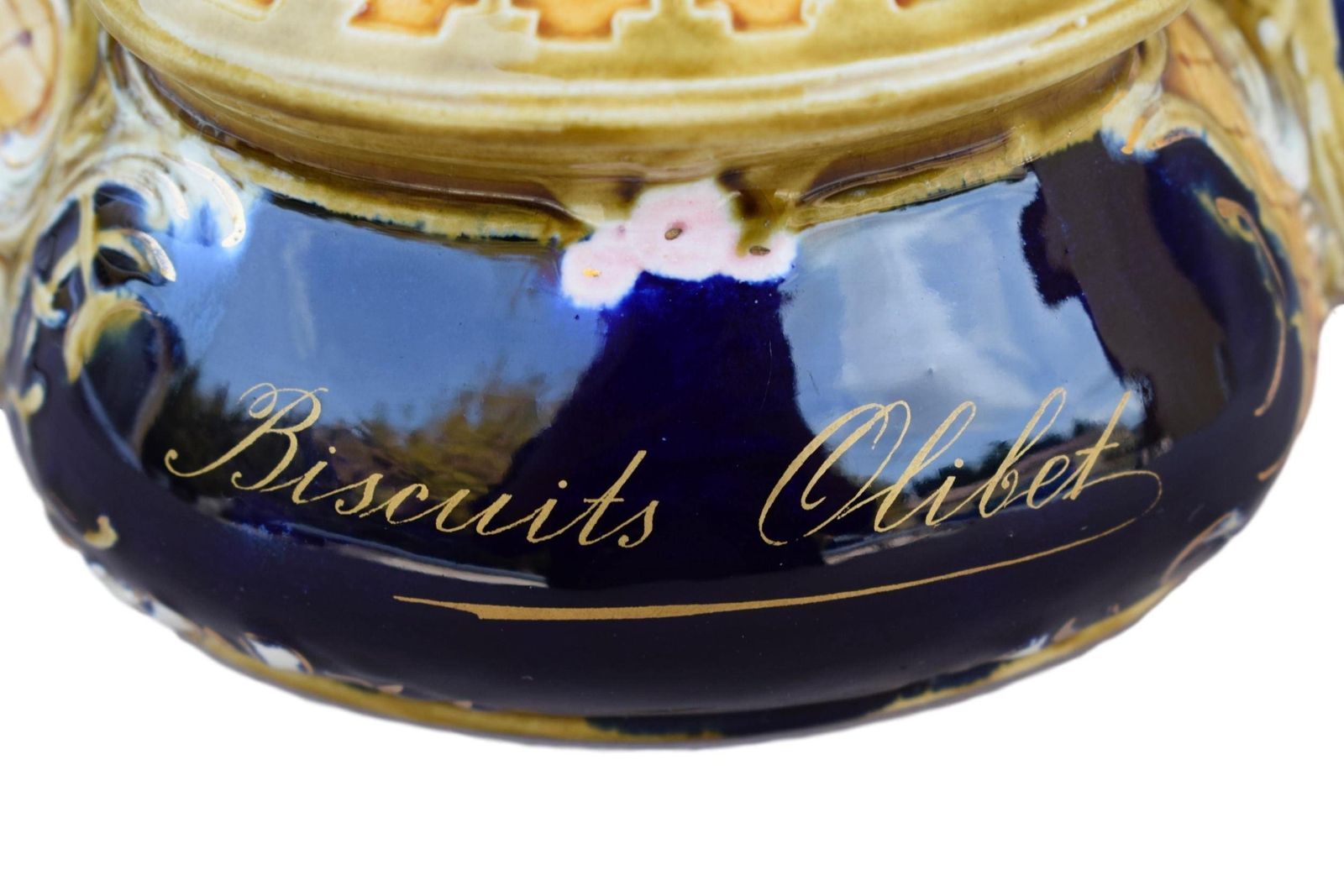 French Antique Art Nouveau Majolica Olibet Biscuits Lidded Box photo furniture
