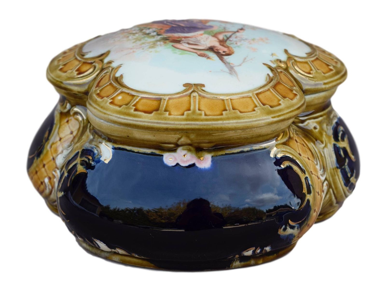 French Antique Art Nouveau Majolica Olibet Biscuits Lidded Box photo vinterior