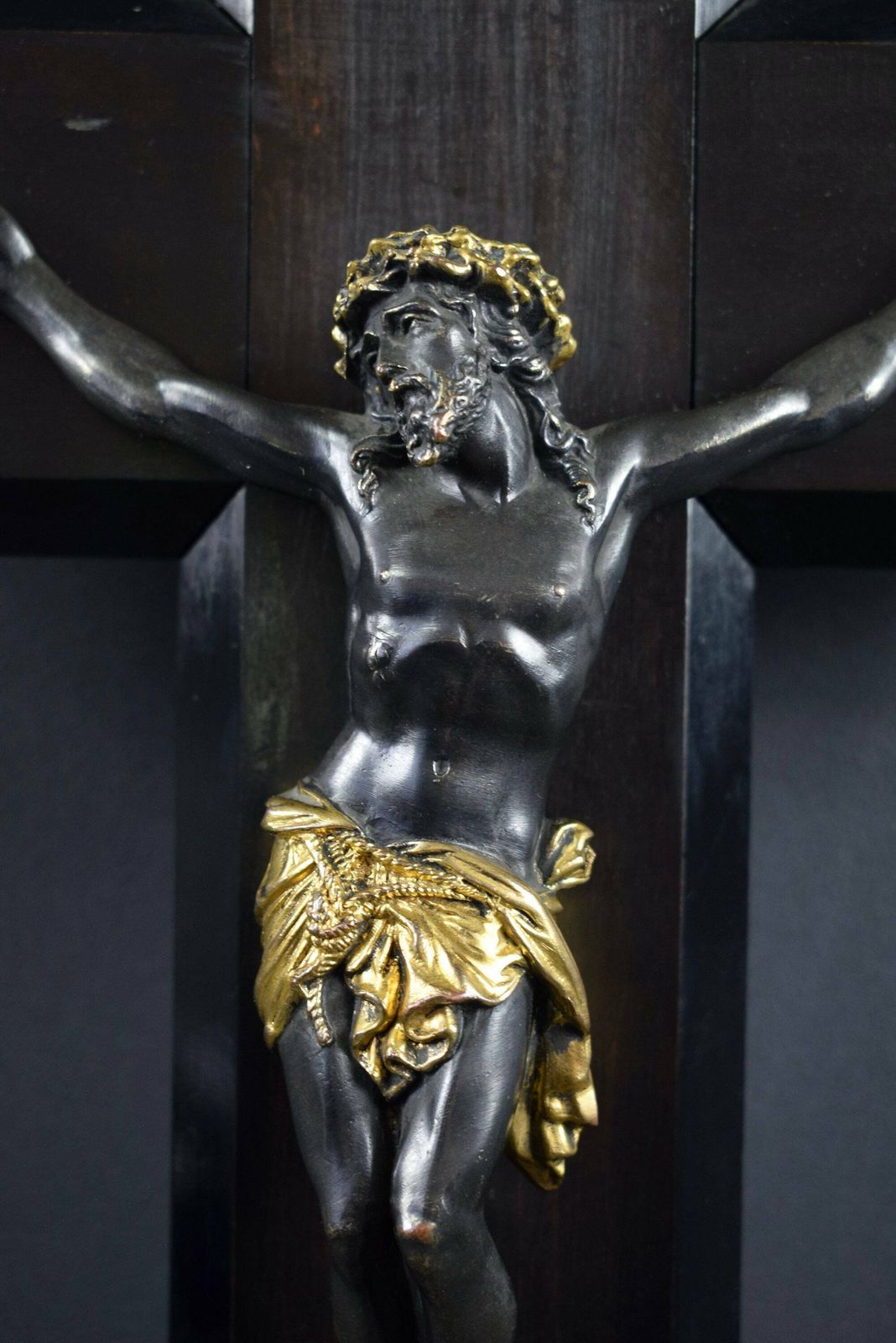 Large French Antique Hand Carved Wood Wall Cross Crucifix photo for sale