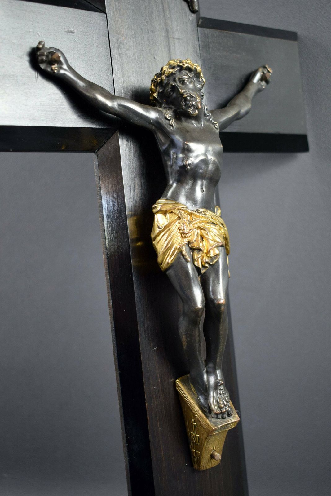 Large French Antique Hand Carved Wood Wall Cross Crucifix photo vinterior