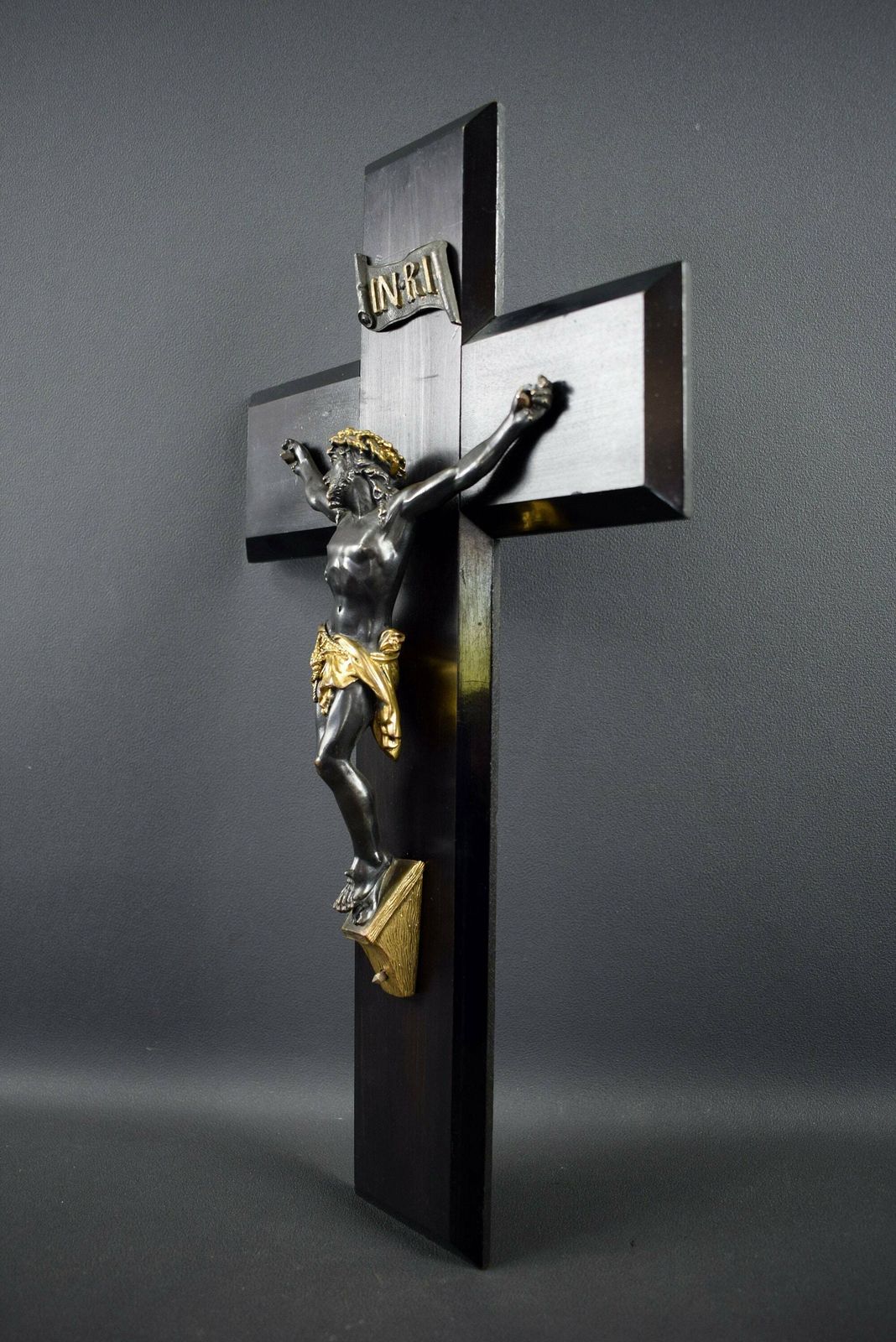 Large French Antique Hand Carved Wood Wall Cross Crucifix photo vintage