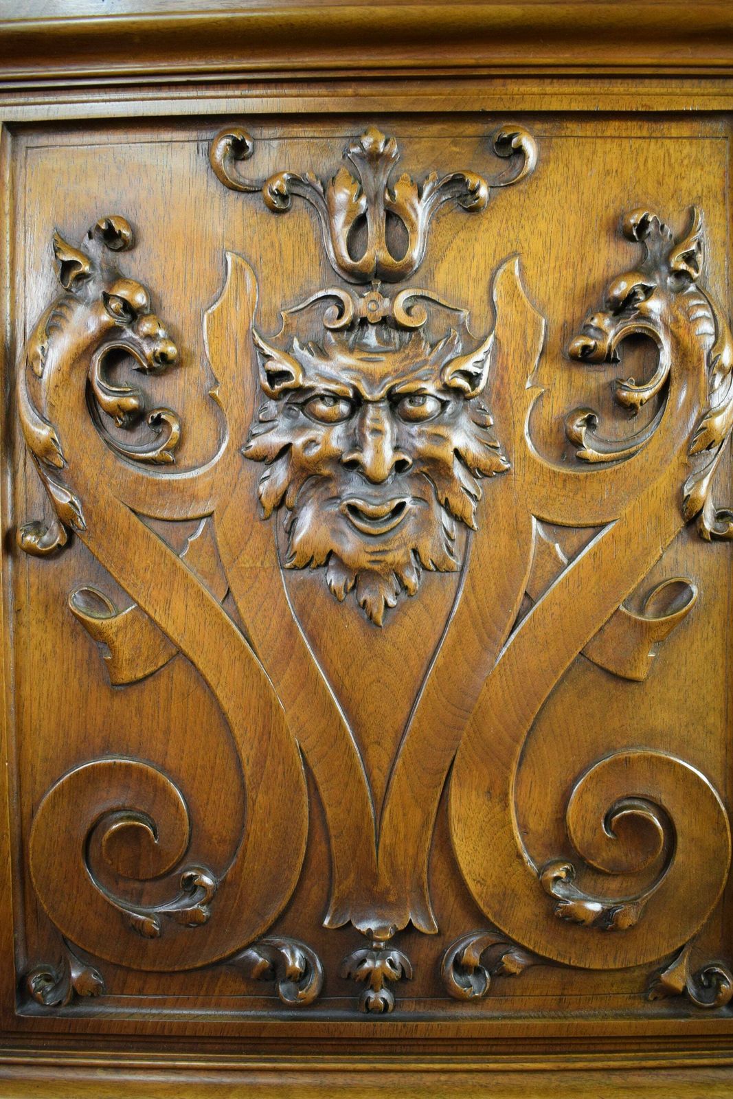 Architectural French Antique Hand Carved Wood Cupboard Chimera Head Mascaron 19th photo furniture