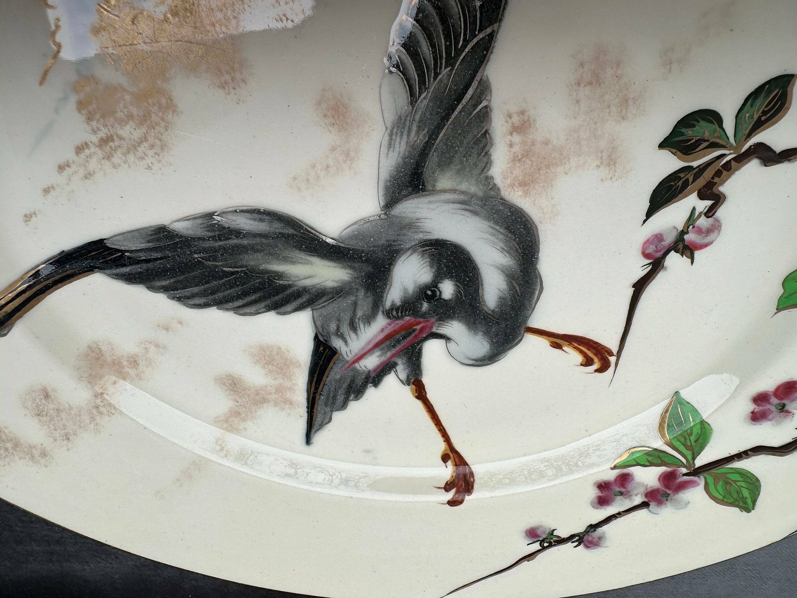 Luneville Keller & Guerin Rare French Antique Bird Enamel Plate 19th photo vinterior