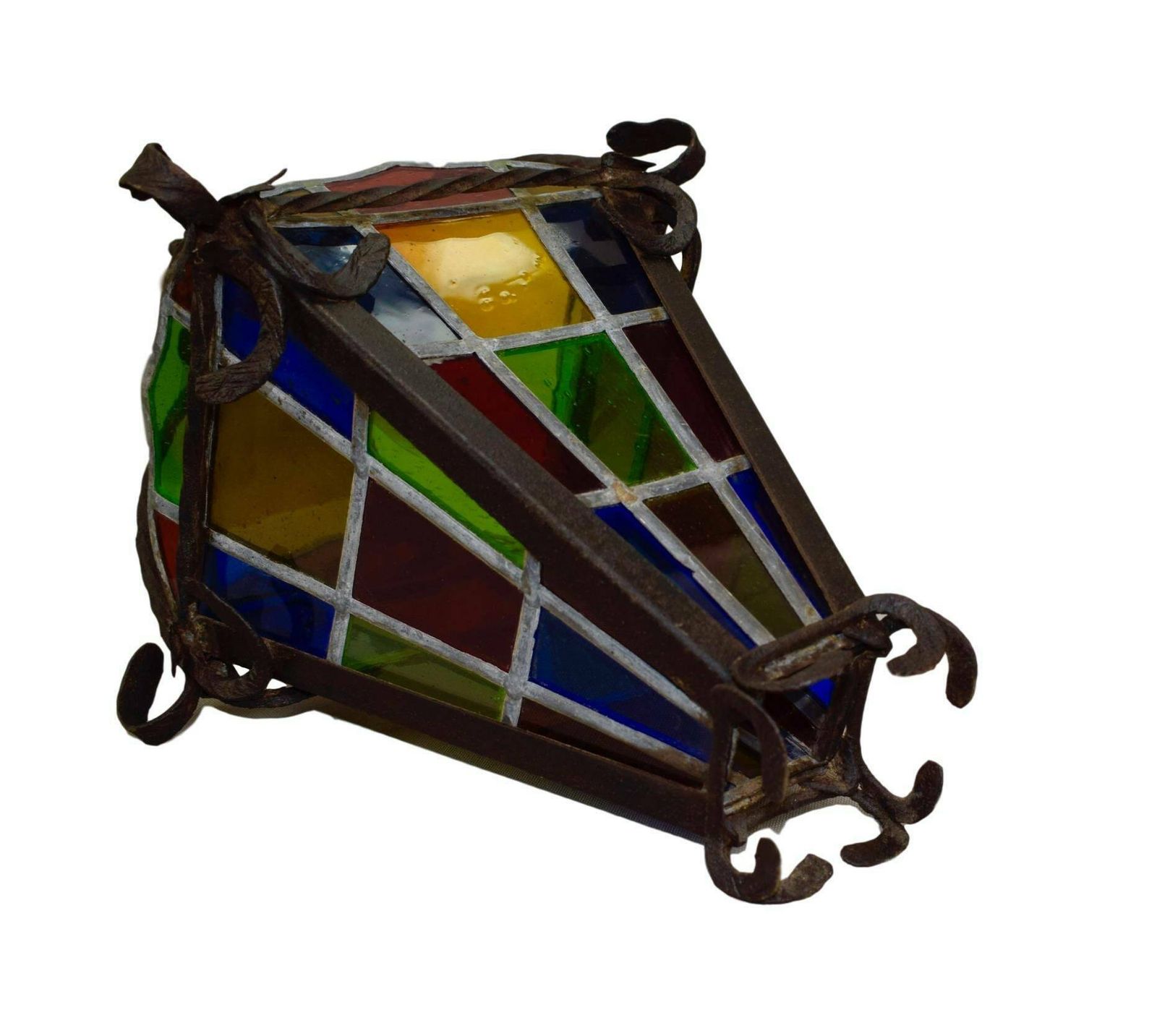 French Antique Wrought Iron Lantern With Stained Glass   Belle Epoque Porch Chandelier   Lighting Outdoor photo vintage