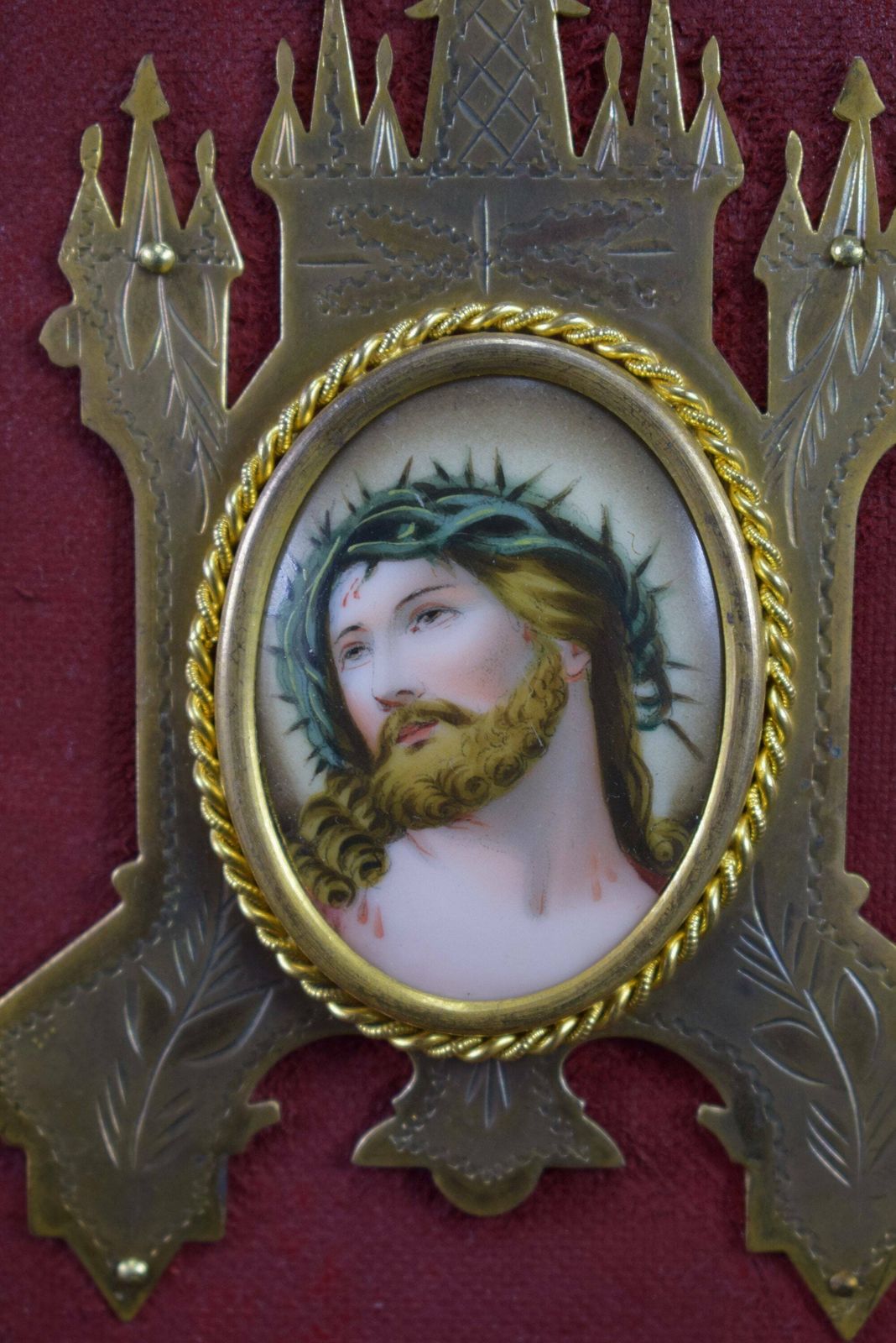 Vintage French Religious Holy Face Of Jesus Painting Holy Water Font 19th.C photo furniture