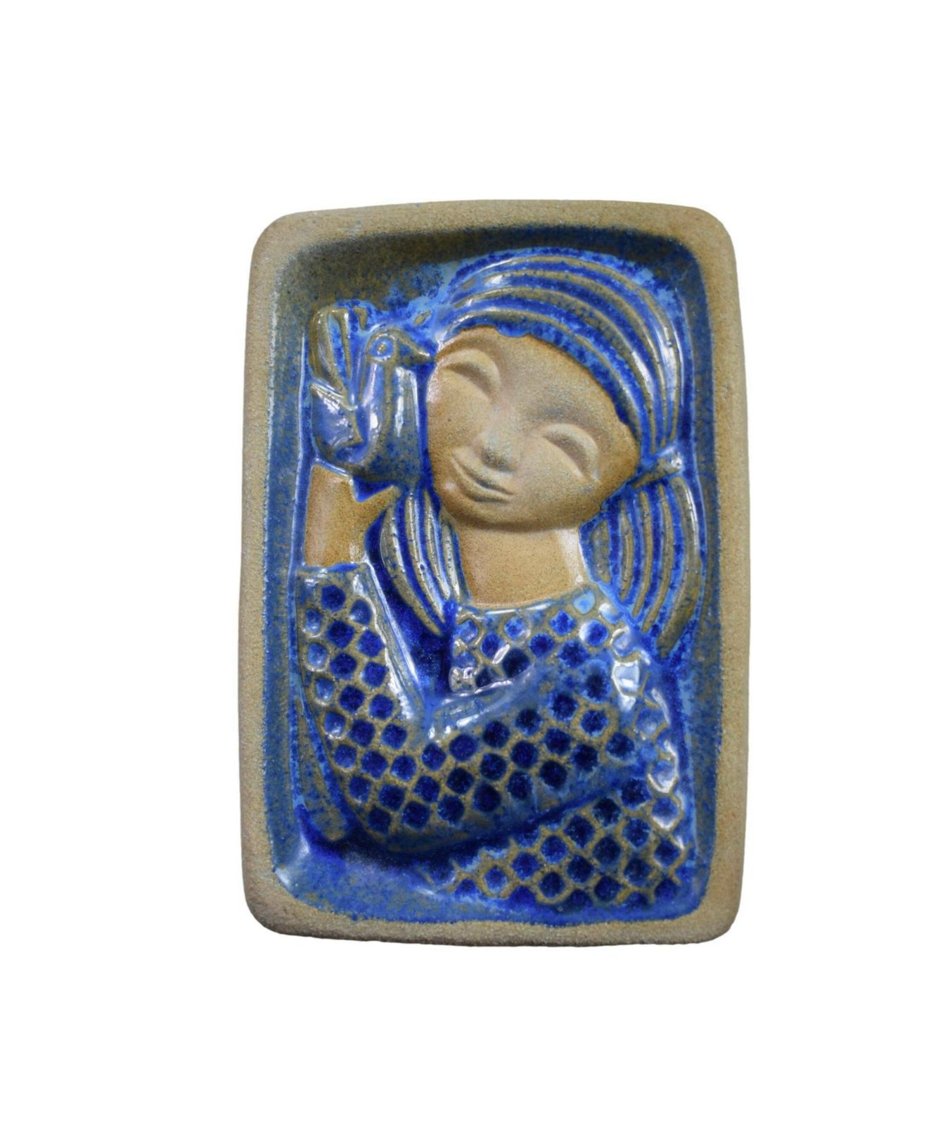 1970's Vintage Young Girl Bird Stoneware Plaque By Marianne Starck Bornholm