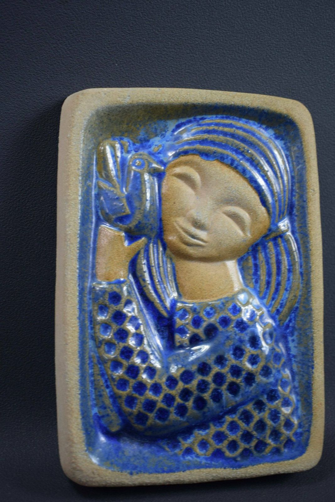 1970's Vintage Young Girl Bird Stoneware Plaque By Marianne Starck Bornholm photo for sale
