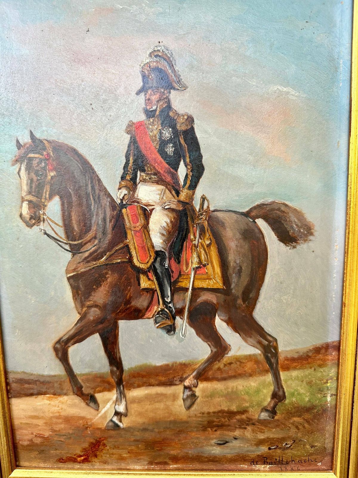 Antique French Oil Painting On Board Admiral Empire Horse 19th photo furniture