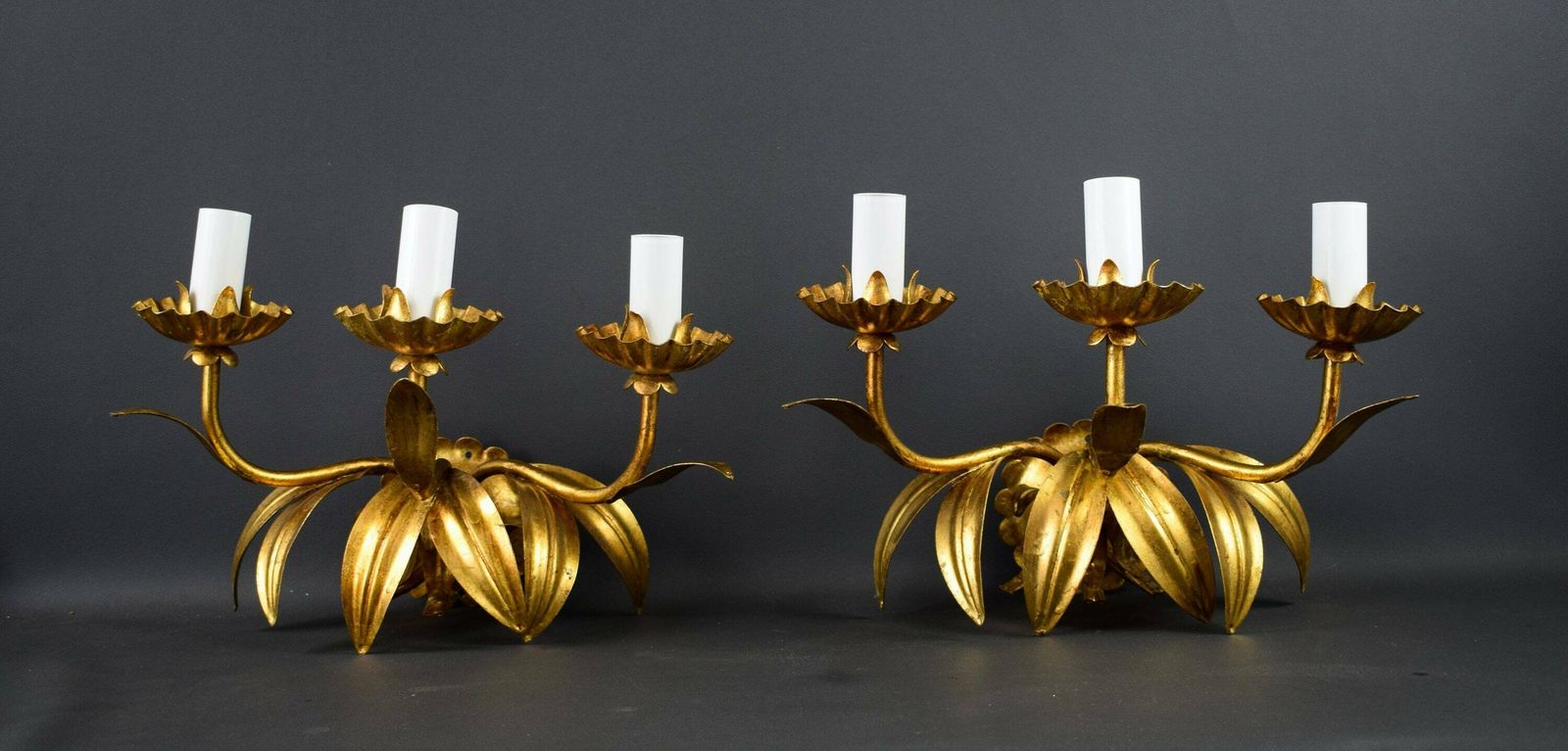 French Antique Pair Of Hollywood Regency Triple Leaves Wall Lights Sconces Hans Kögl photo furniture