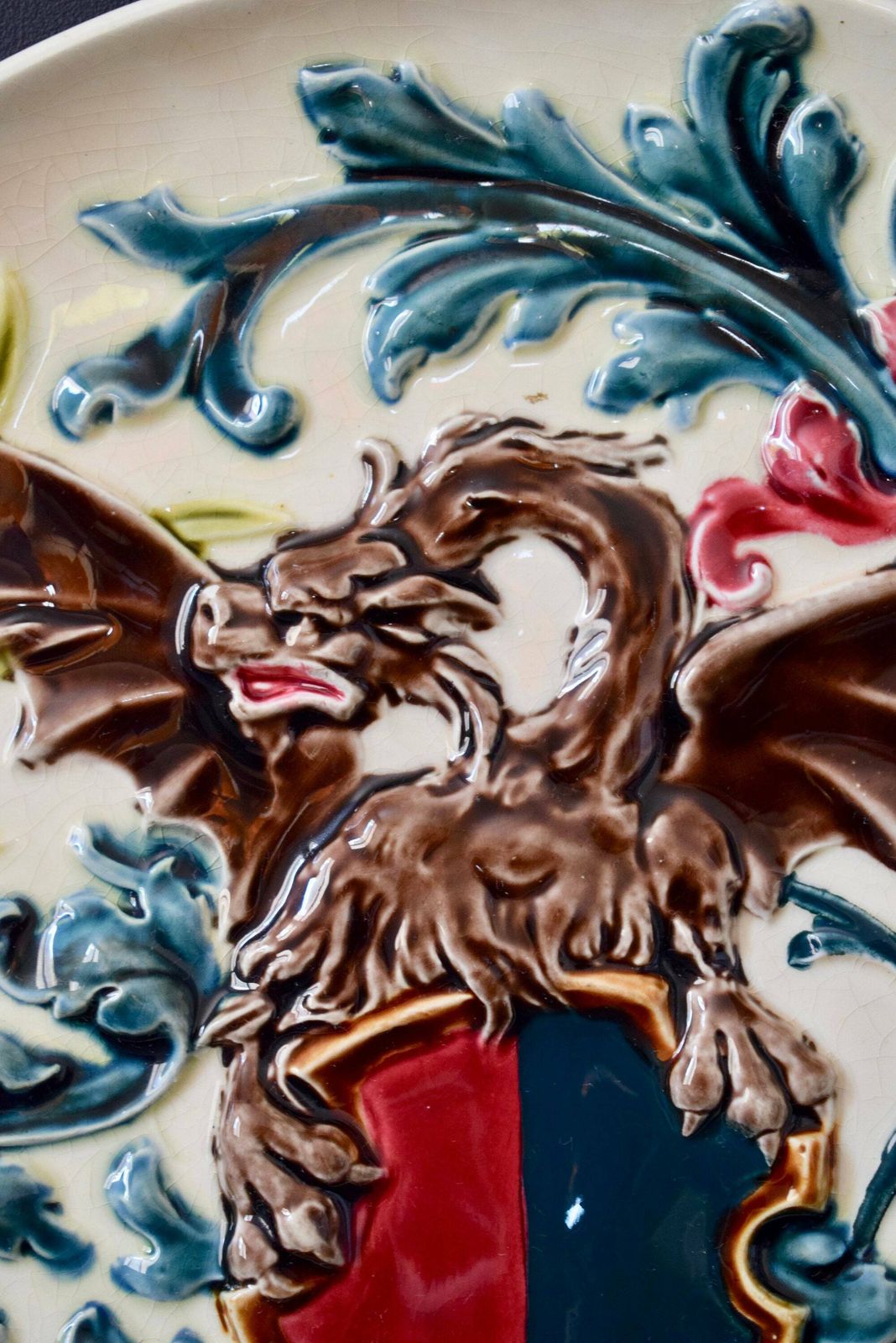 Antique Medieval Crest Coat Of Arms Majolica Wall Plate With Griffin photo for sale