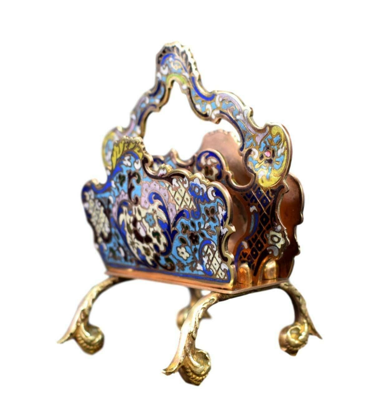 Antique French Enameled Cloisonne Bronze Letter Holder Blotter Holder photo for sale