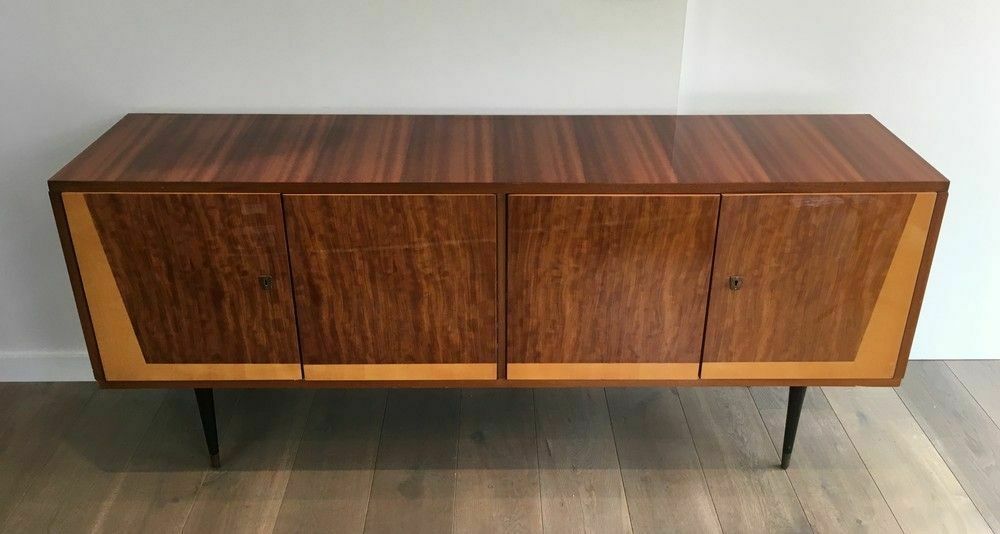Designer Sideboard With 4 Doors In Sapelli Mahogany And Sycamore On A Blackened Wood Base photo furniture